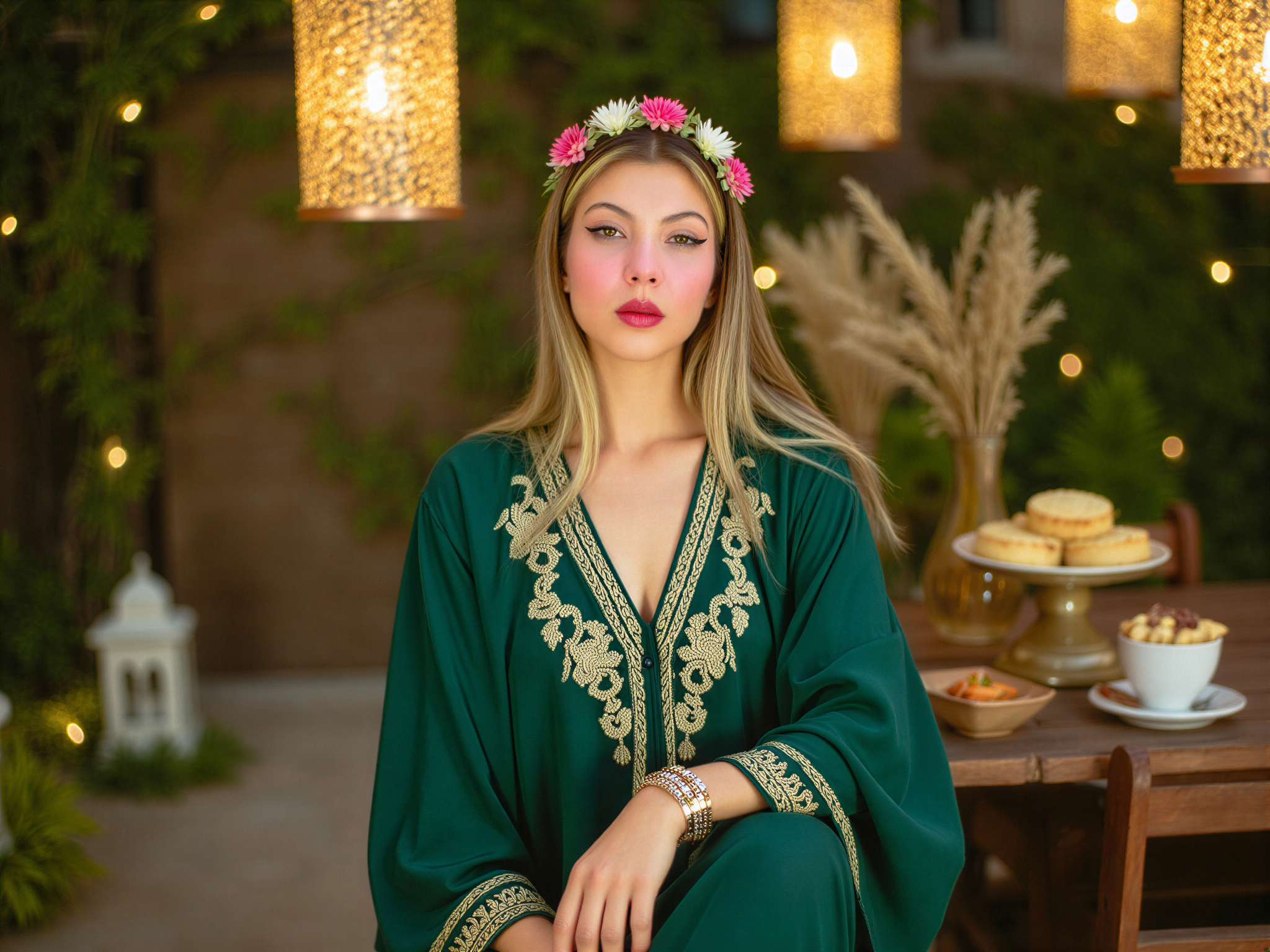 A joyful female individual, OD62S, aged 28, celebrating Ramadan. She is captured in a vibrant outdoor setting adorned with stunning lanterns and lush greenery. She wears a flowing, elegant maxi dress in rich emerald green adorned with intricate gold embroidery, symbolizing festive spirit. Her delicate accessories include layered bracelets and a floral crown, enhancing her radiant smile. The soft, golden-hour lighting casts a warm glow, illuminating her face, reflecting happiness and gratitude in this culturally rich moment. The scene is filled with elements of celebration, such as traditional sweets and twinkling fairy lights in the background, creating a joyful atmosphere.