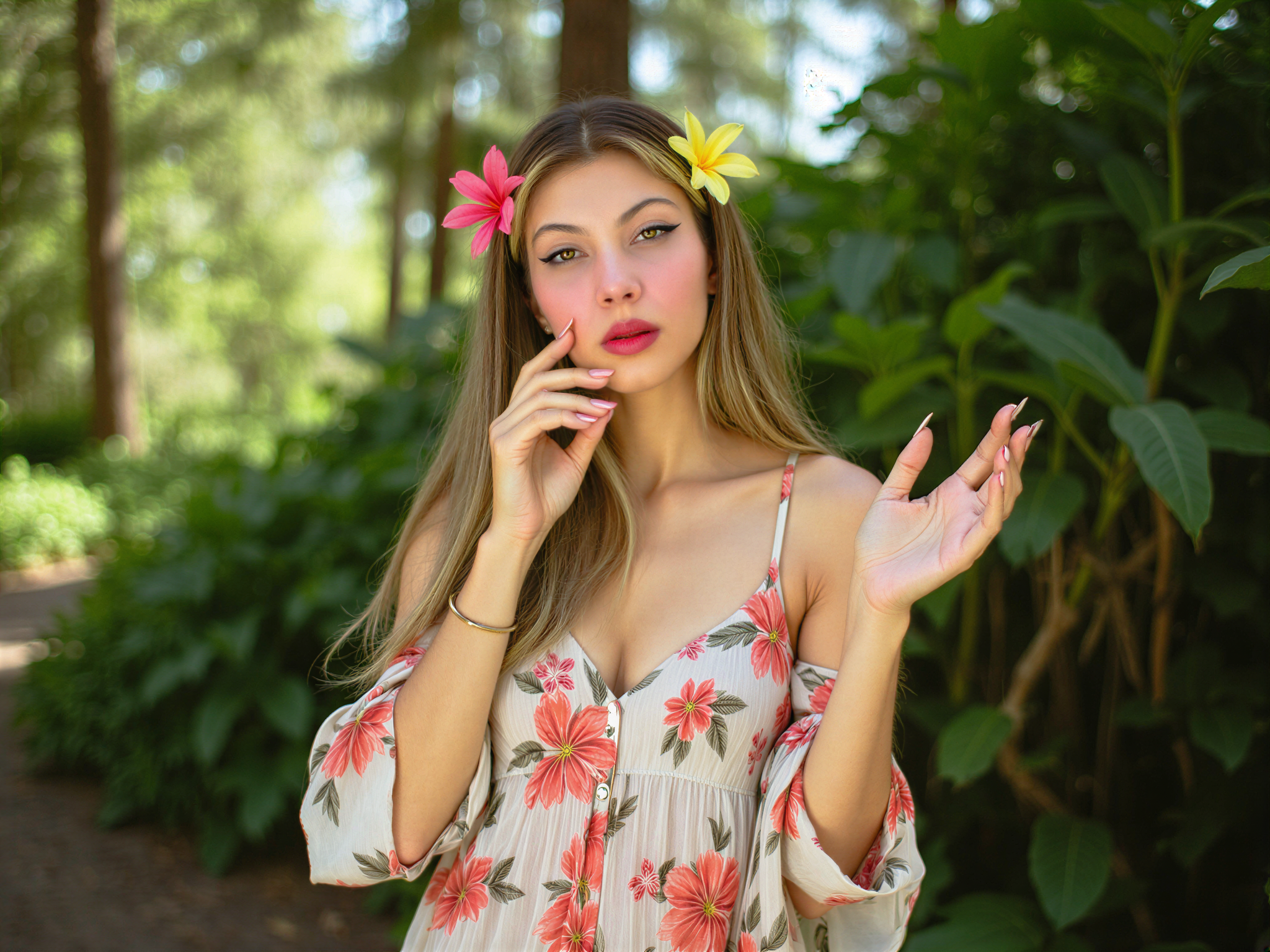 A vibrant, joyful scene featuring a female model, OD62S, aged 28, immersed in a lush jungle setting. She is dressed in a flowing, floral-print maxi dress made of lightweight chiffon, with off-the-shoulder sleeves that flutter gently in the warm breeze. Her hair cascades in loose waves, adorned with tropical flowers that echo the vivid colors around her. The sunlight filters through the dense foliage, casting dappled light on her beaming face, embodying the essence of happiness and freedom. She poses playfully, with her arms raised and a carefree smile, surrounded by exotic plants and vibrant flora, radiating the enchantment and allure of the tropics. This image captures the spirit of adventure and joy in a breathtaking natural landscape.
