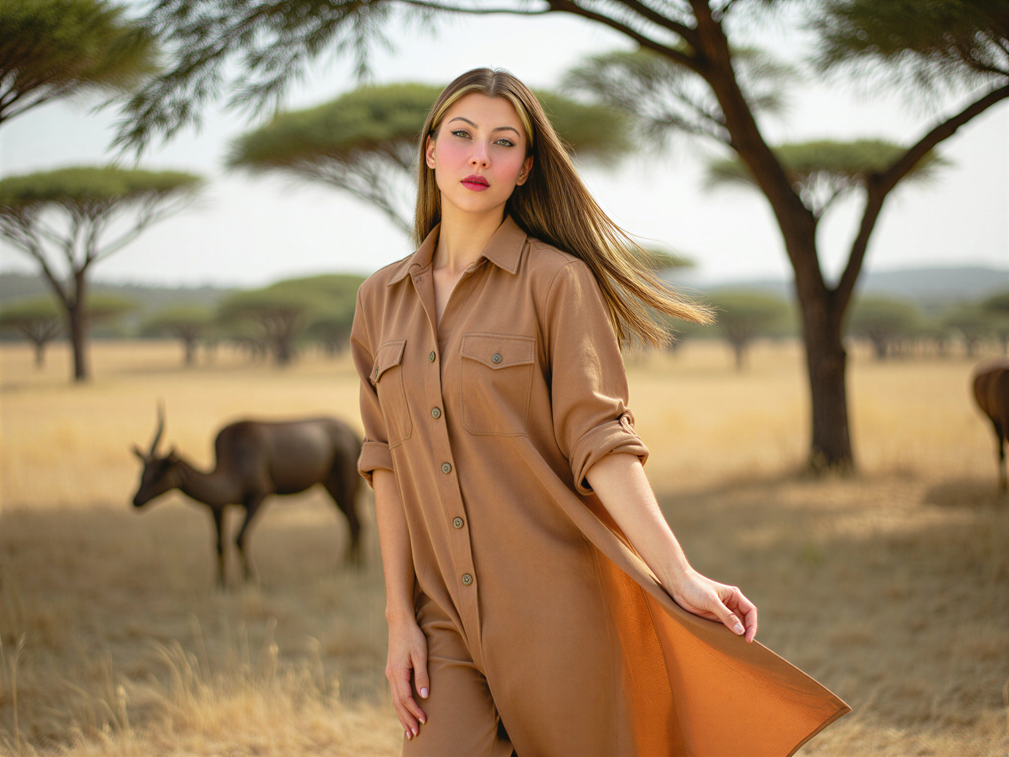 A joyful female model, OD62S, aged 28, embodies the spirit of adventure in Serengeti National Park. Dressed in a flowing, lightweight linen dress in earthy tones that blend with the savannah, she stands amidst a scenic landscape featuring acacia trees and grazing wildlife in the background. The sunlight filters through the leaves, casting playful shadows and illuminating her radiant smile. Her hair dances in the gentle breeze, and she appears to laugh and embrace the beauty of her surroundings. The composition captures the essence of freedom and happiness, creating a vibrant connection between the subject and the breathtaking landscape. This luminous moment resonates with the spirit of exploration and joy in nature.