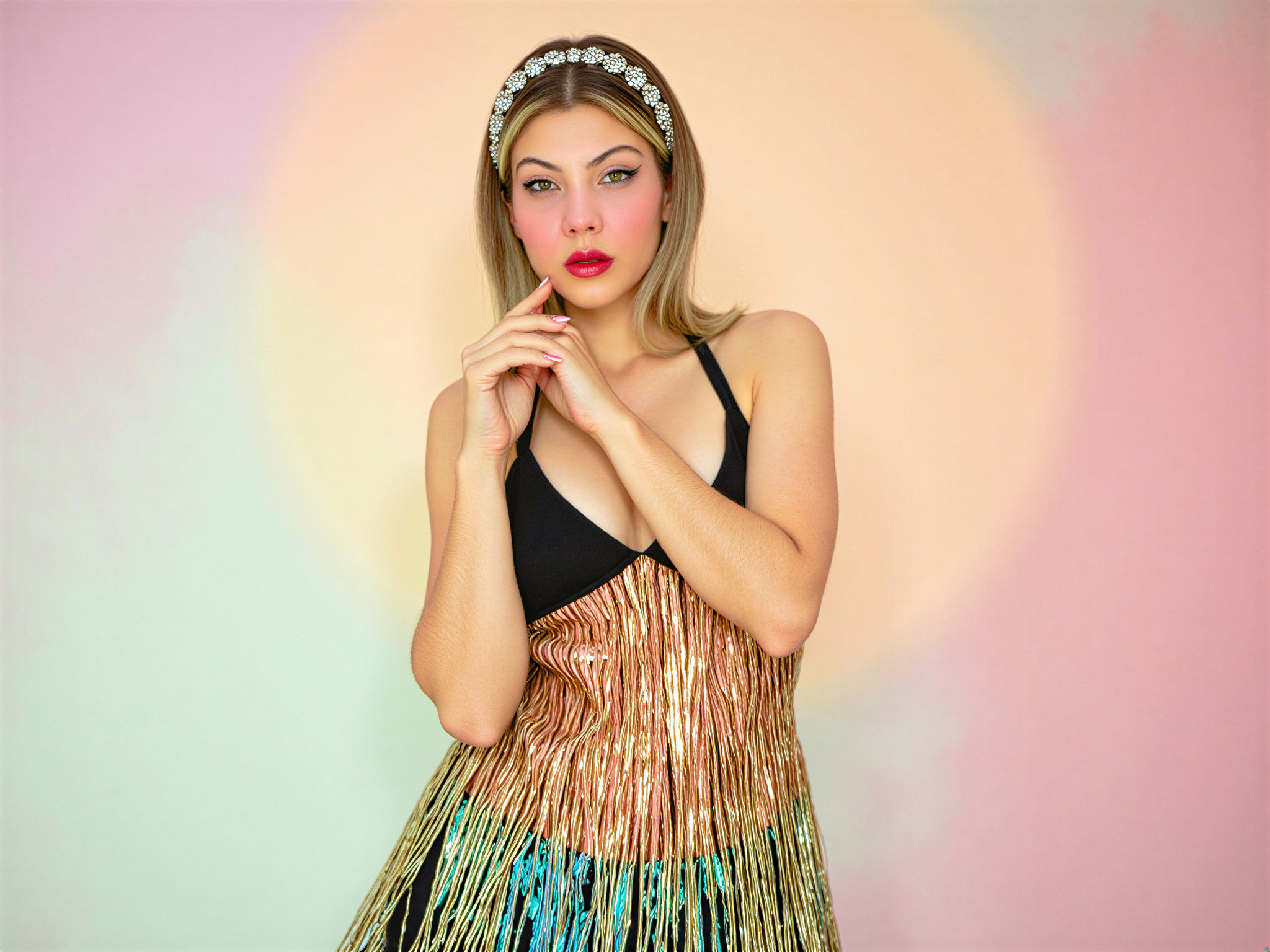 A vibrant editorial portrait of a female individual, OD62S, aged 28, embodying the joy of multiple fashion time periods. She is styled in a stunning ensemble that merges key elements from the Roaring Twenties, with a flapper-inspired fringe skirt, the bold silhouettes of the 1950s with a fitted waist and full circle skirt, and a modern twist featuring contemporary accessories. Each outfit layer represents a different epoch, vividly colorful and adorned with intricate beadwork and floral patterns. Her hair is elegantly styled in a soft 1920s bob, with sparkling headbands, while her makeup reflects a nostalgic yet fresh look with rosy cheeks and a bright smile, exuding happiness. The background is a soft gradient of pastel shades, creating a whimsical atmosphere that enhances the mood of celebration and joy, capturing the spirit of fashion through the ages with exquisite detail and clarity. The lighting is soft yet radiant, illuminating her features beautifully for an uplifting effect.