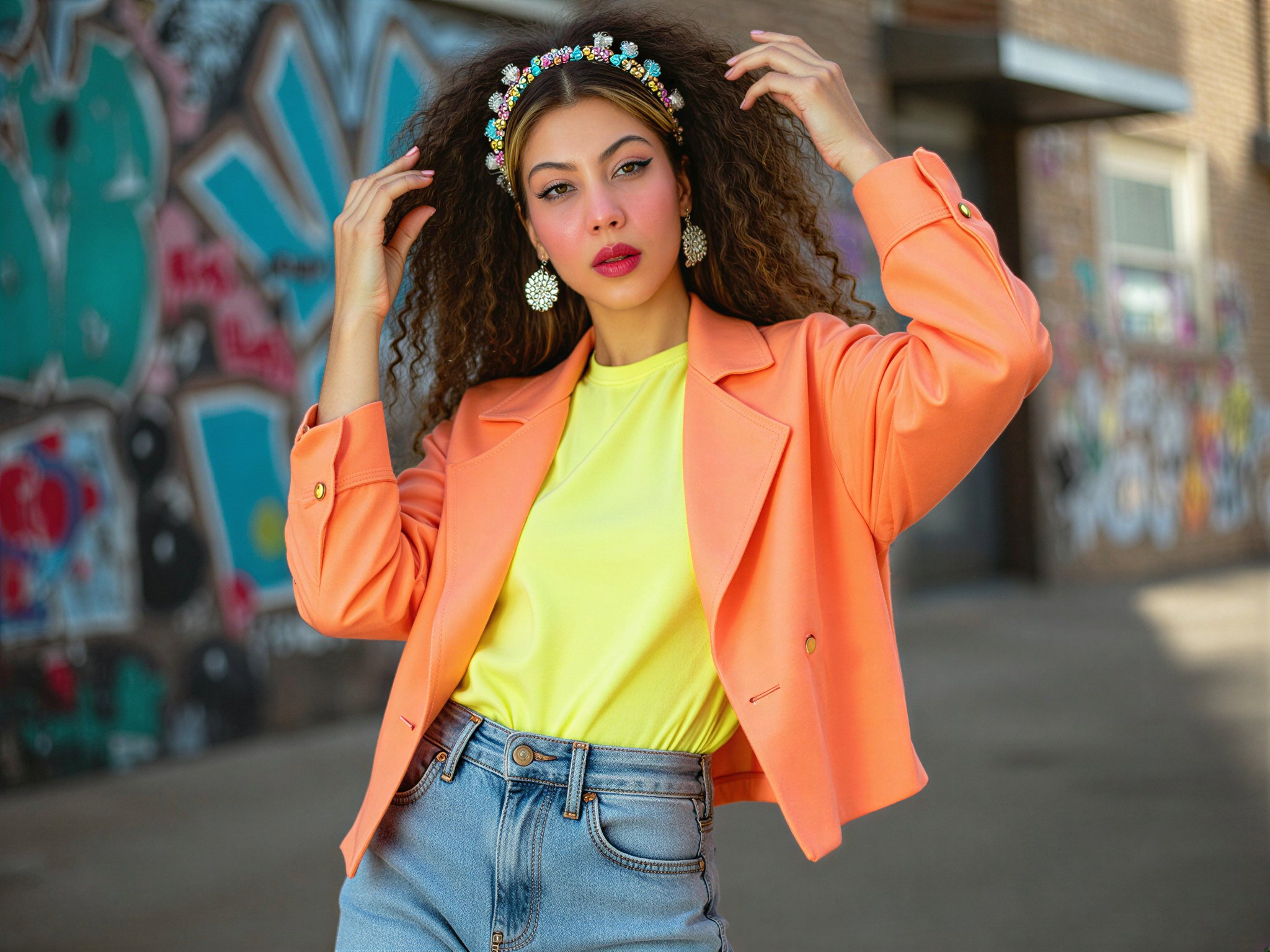 A joyful female figure, OD62S, aged 28, embodying the vibrant spirit of the Eighties vintage fashion. She is styled in a colorful, oversized neon windbreaker paired with high-waisted acid-wash jeans, accentuating her playful and carefree demeanor. Her hair is teased into voluminous curls adorned with glittering scrunchies, and she wears bold, geometric earrings that catch the light. Captured against a graffiti-covered urban backdrop, the lighting is bright and dynamic, creating an energetic atmosphere. The pose is lively, with one hand playfully tossed in the air and a wide, infectious smile that radiates happiness, evocative of the exuberance of the Eighties era.