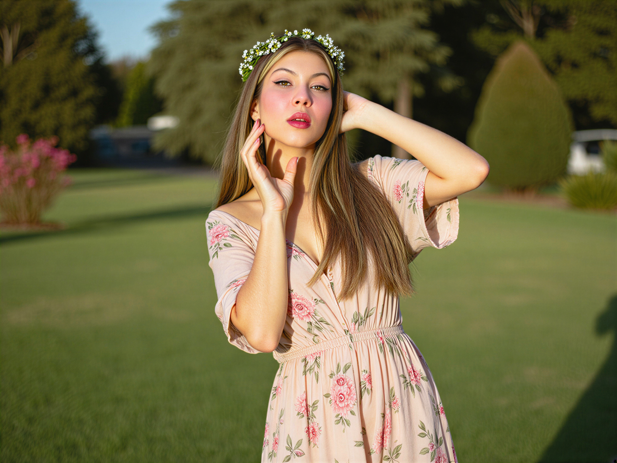 A vibrant and joyful female figure, OD62S, aged 28, captured in a sun-soaked park in Melbourne, radiating happiness. She wears a flowing, floral-printed maxi dress made of lightweight chiffon, the fabric dancing with the breeze. Her hair cascades in natural waves, adorned with a delicate flower crown, echoing the beauty of her surroundings. The shot captures her mid-laugh, hands thrown up in delight, with the lush greenery of the park and blooming flowers providing a colorful backdrop. The composition leverages soft, golden hour lighting to enhance her glow, embodying a carefree spirit and the essence of a perfect summer day in Melbourne.