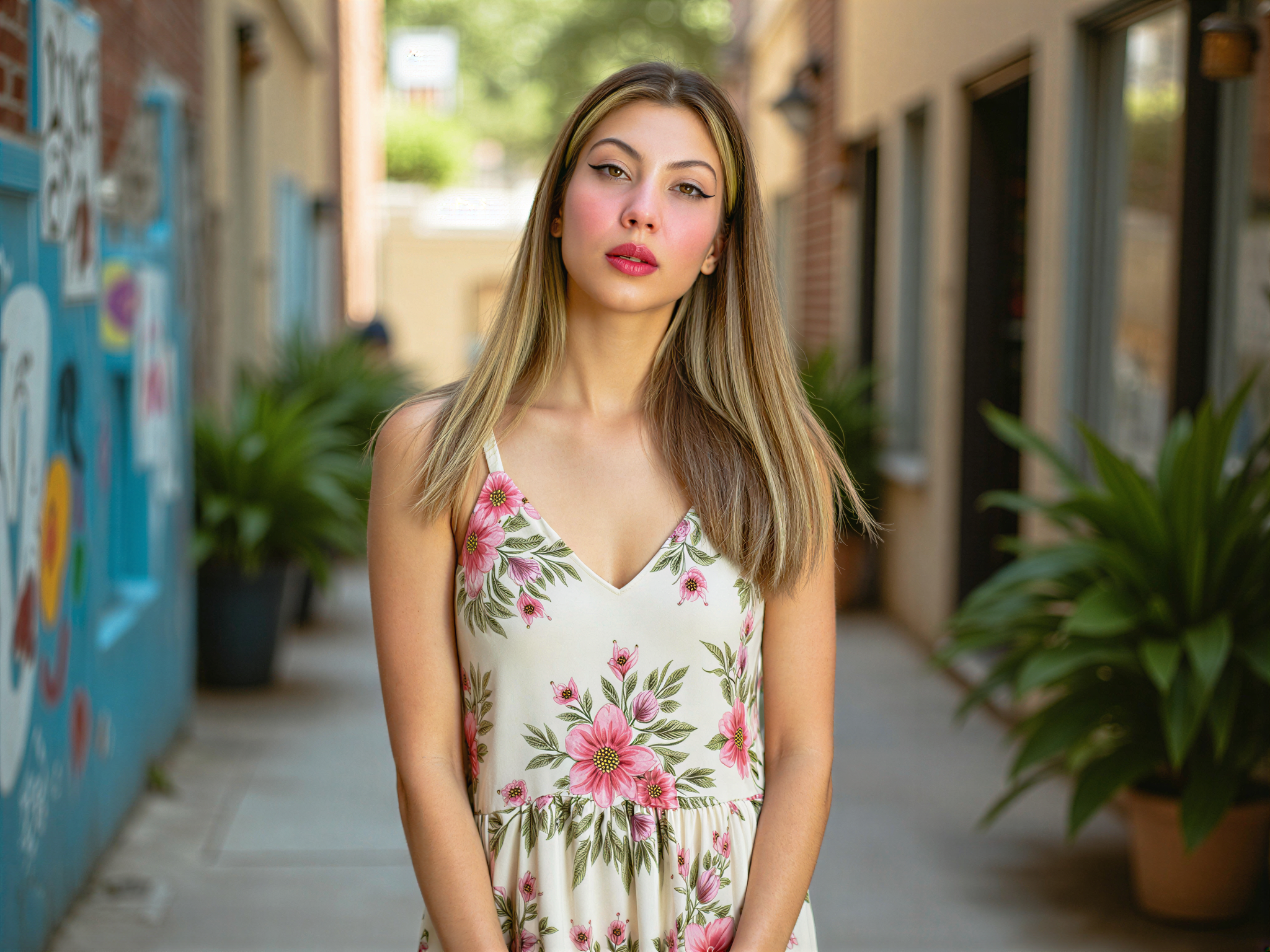 A joyful female figure, OD62S, aged 28, beautifully styled in a flowing floral dress, exuding a sense of carefree happiness as she strolls through vibrant laneways adorned with colorful street art and lush greenery. The sunlight filters through, casting a warm glow on her radiant smile, and her hair dances in the gentle breeze. The setting is lively yet intimate, capturing the essence of urban exploration with a touch of whimsy. The composition emphasizes the interplay of light and shadow while showcasing the surrounding vibrant colors. The mood is uplifting, embodying the spirit of adventure and joy in everyday moments.