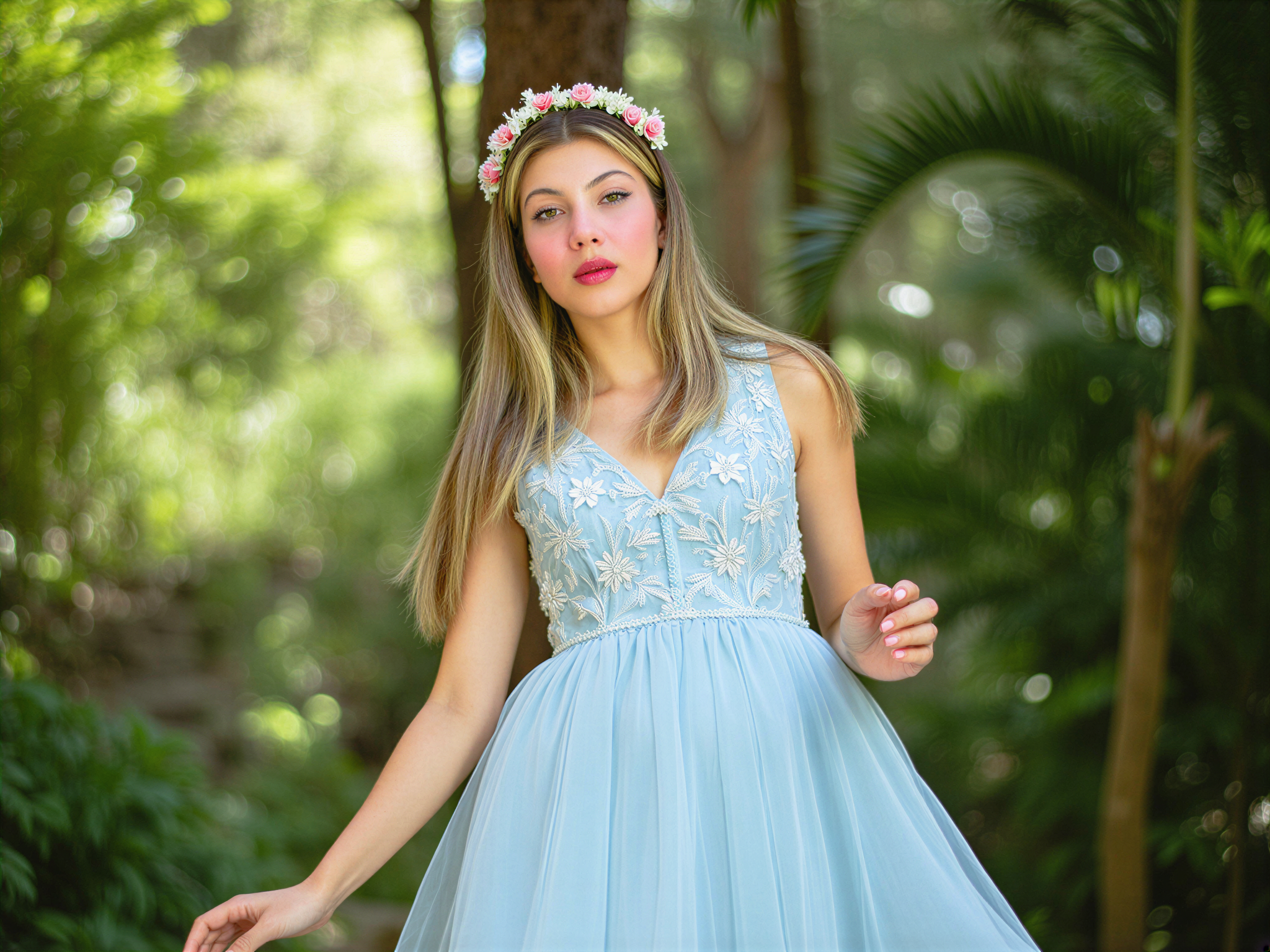 A joyful female figure, OD62S, aged 28, exuding an air of elegance amidst the lush greenery of the Royal Botanic Gardens. She wears a flowing, pastel blue chiffon dress adorned with delicate floral embroidery, catching the gentle breeze as she twirls playfully. Sunlight filters through the leaves, creating dappled light that dances across her radiant smile. A crown of fresh blooms rests in her hair, complementing the natural beauty surrounding her. The scene embodies a harmonious connection between the subject and the vibrant flora, evoking a mood of happiness and serenity, captured in a soft, dreamy light that enhances the enchanting atmosphere.