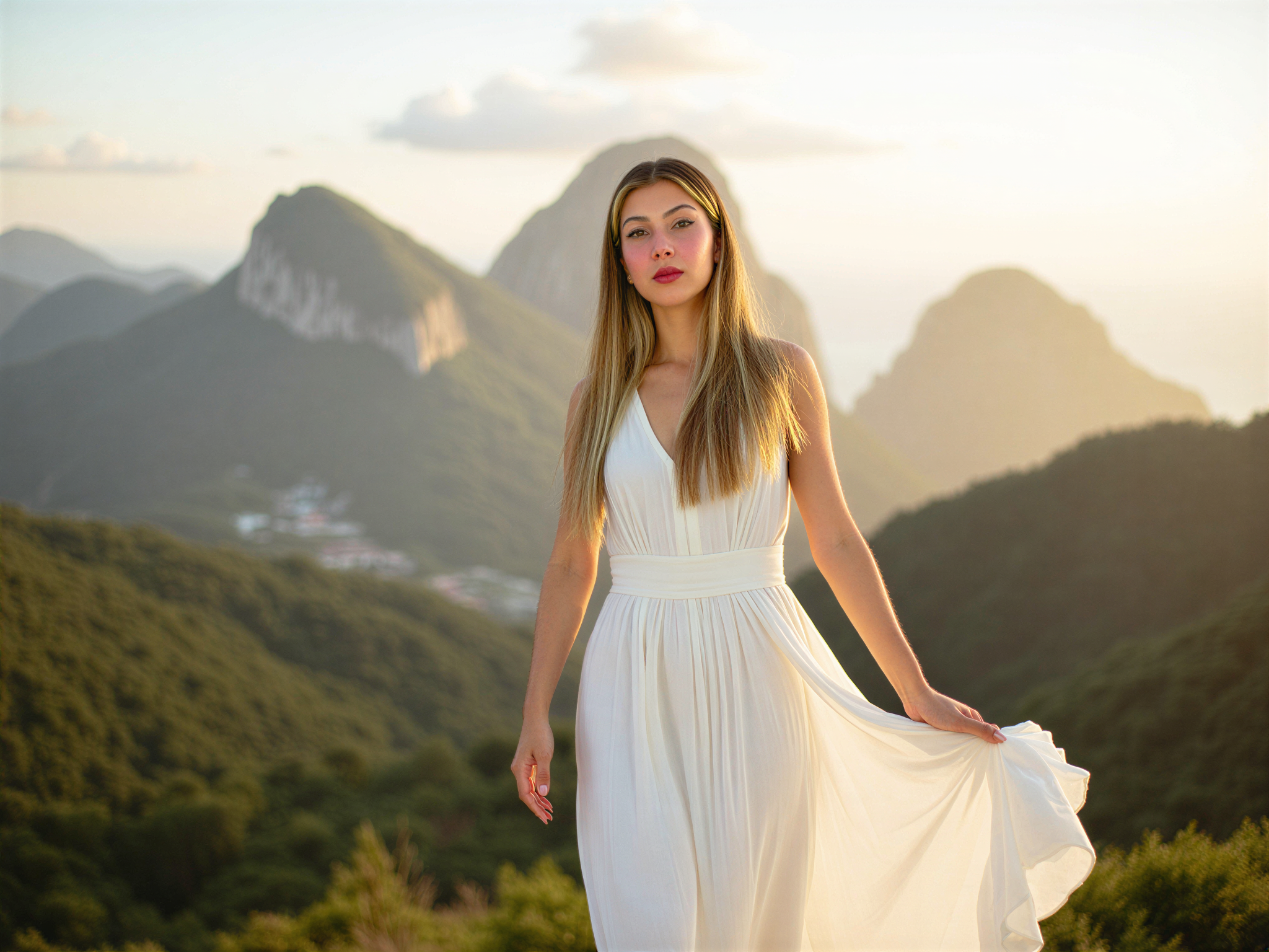 A joyful female traveler, OD62S, aged 28, standing in front of the iconic Christ the Redeemer statue in Rio de Janeiro. She wears a flowing white maxi dress that flutter gracefully in the tropical breeze, reflecting the light with its ethereal fabric. Her expression beams with happiness, framing her radiant face with loose, sun-kissed waves. The golden hour enhances the scene, casting a warm glow over her and the majestic statue behind her. The background is filled with the lush green mountains of Rio, underscoring the vibrant energy of the moment. This image captures the euphoria of travel and the beauty of cultural landmarks, evoking a sense of wonder and joy.