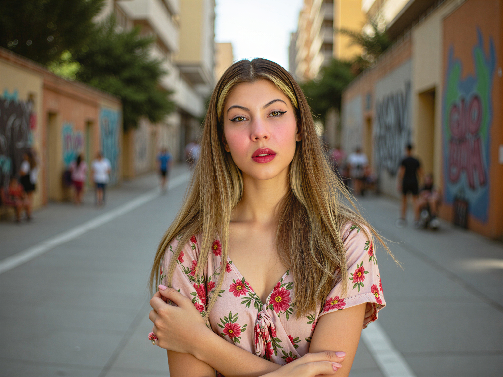 A vibrant street portrait of a female individual, OD62S, aged 28, radiating happiness in the bustling streets of São Paulo. She wears a flowing, colorful summer dress adorned with bold floral patterns, perfectly complementing the lively urban backdrop. Her hair cascades in loose waves, catching the sunlight, while her smile is infectious, embodying the spirit of joy and vitality characteristic of the city. The composition captures the essence of São Paulo's energetic atmosphere, framed by graffiti art and lively street activities, with warm, natural lighting that enhances her cheerful demeanor.