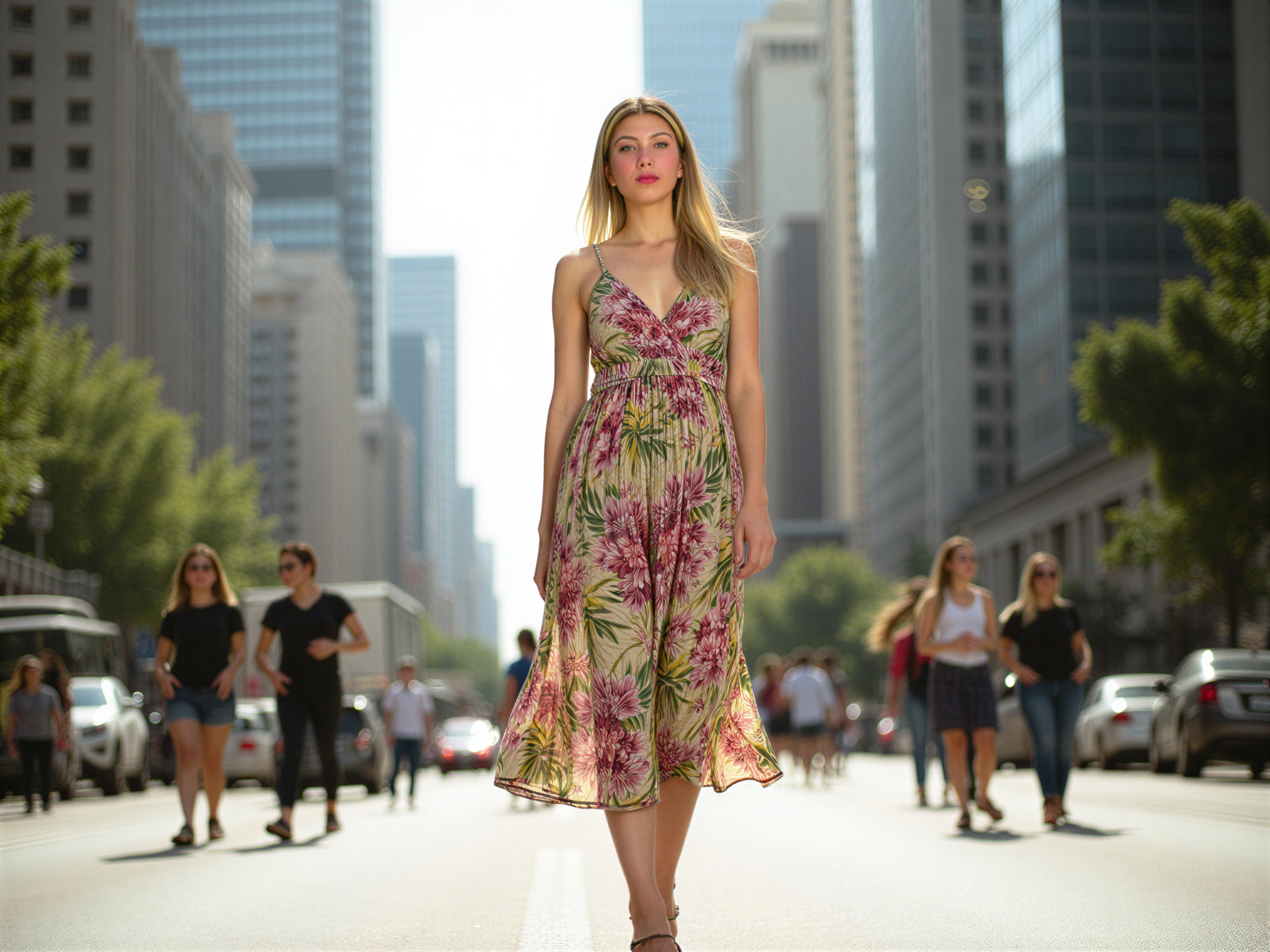 A vibrant, joyful scene featuring a female individual, OD62S, aged 28, strolling along Paulista Avenue in São Paulo, Brazil. She wears a playful, flowing midi dress adorned with colorful floral patterns, paired with chic espadrilles. The sunlight dances off her radiant smile, creating a sense of happiness that reflects the dynamic urban atmosphere. In the background, iconic skyscrapers and bustling pedestrians enhance the energy of the moment. The composition captures a perfect blend of fashion and urban life, evoking a carefree spirit amidst the city’s vibrant pulse.
