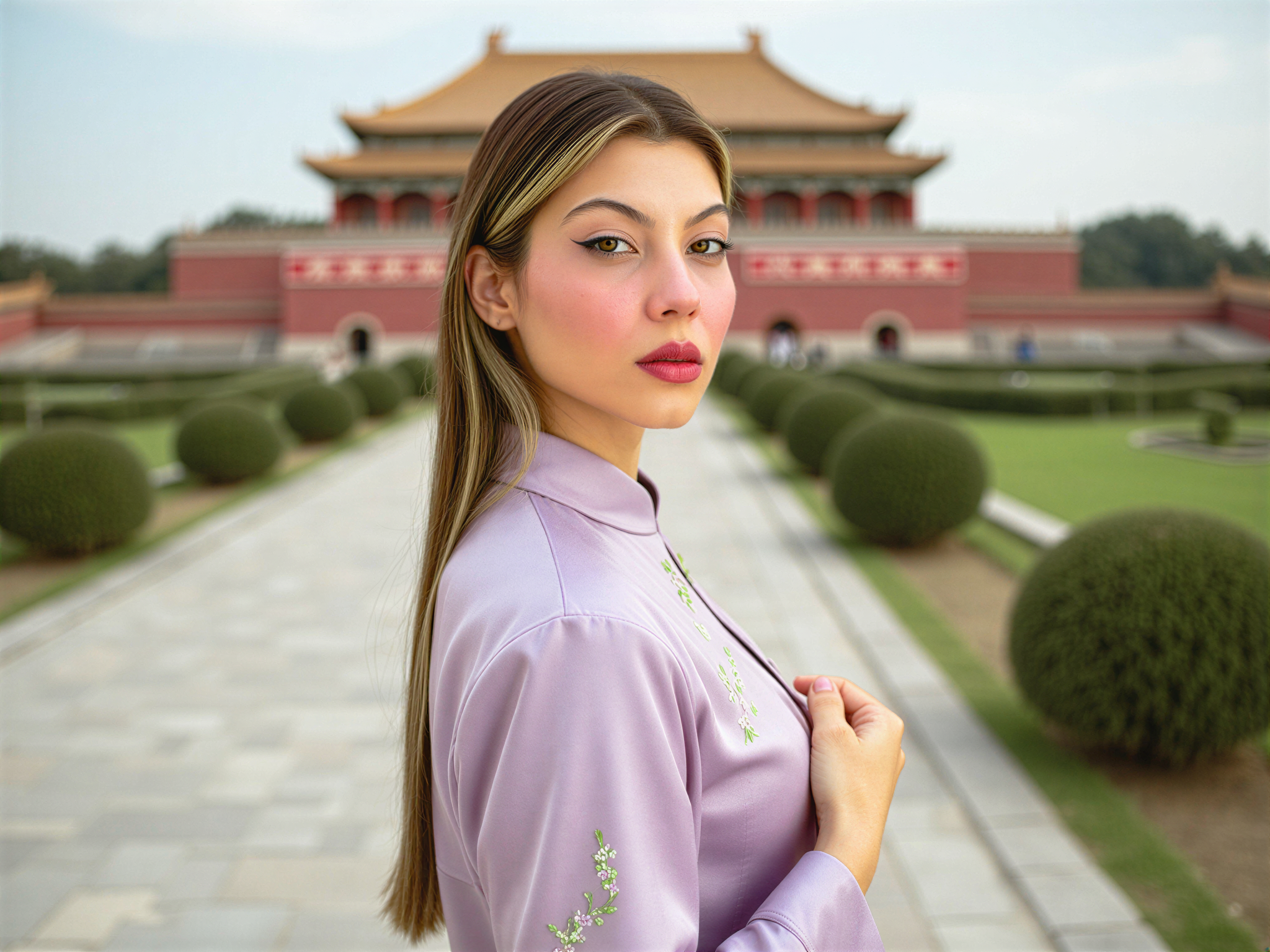 A joyful female, OD62S, aged 28, stands radiantly in the iconic Forbidden City, surrounded by the rich historical architecture and vibrant colors that embody the heart of China. She is dressed in a flowing silk cheongsam adorned with intricate floral patterns, the soft hues of lavender and jade reflecting the sunshine. Her hair is elegantly styled in a traditional updo, accentuated by delicate hairpins. A subtle smile illuminates her face as she revels in the beauty of her surroundings, embodying a sense of bliss and cultural pride. The frame captures the grandeur of the environment, with the majestic palaces and lush gardens forming a breathtaking backdrop, all bathed in the warm glow of a clear afternoon sky. The overall composition conveys a harmonious blend of joy and cultural richness, with a focus on the subject's happiness within this historic setting.