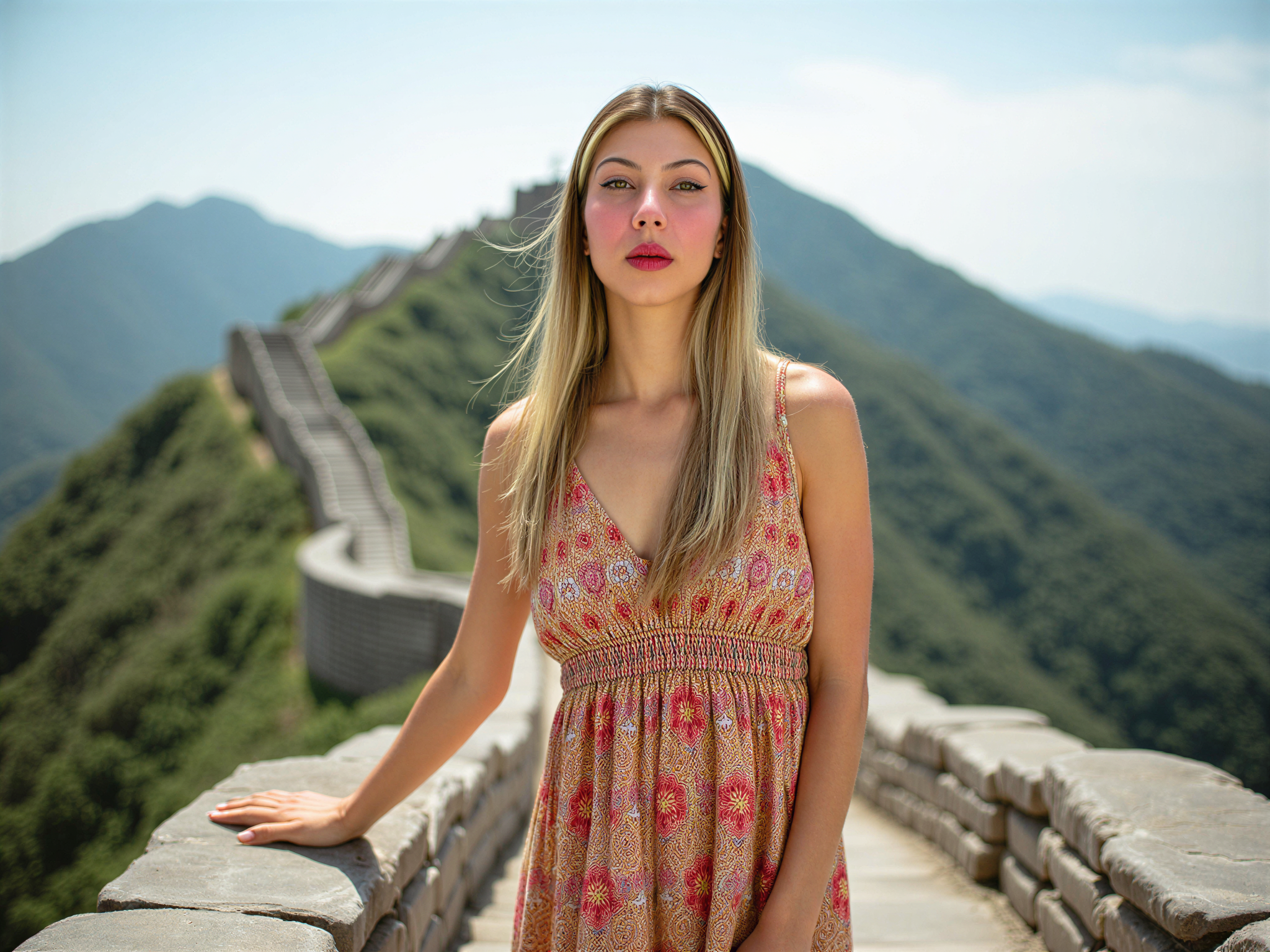 A joyful female, OD62S, aged 28, standing elegantly on the Great Wall of China. She wears a flowing, colorful bohemian maxi dress that catches the sunlight, evoking a playful spirit as the fabric sways in the breeze. Her hair flows freely, styled in loose waves that frame her face. The backdrop features the ancient, majestic stone of the wall winding through lush green mountains under a clear blue sky. The composition captures her beaming smile and carefree pose, radiating happiness and wonder, creating an inviting atmosphere filled with cultural richness. The lighting is warm and inviting, casting a soft glow that enhances her cheerful demeanor.