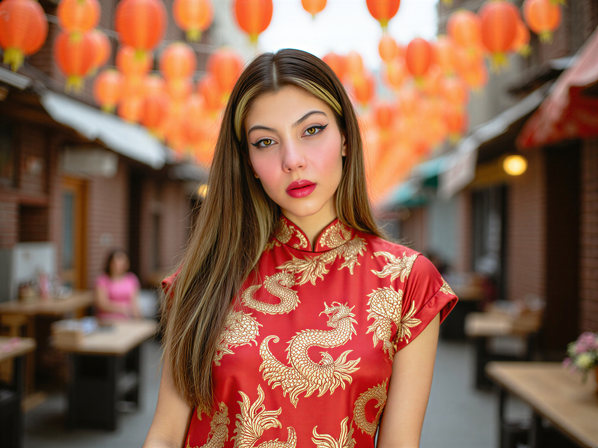 A joyful female figure, OD62S, aged 28, embodying the vibrant spirit of contemporary China. She stands in a bustling market, surrounded by colorful lanterns and traditional textiles. Dressed in a modern qipao adorned with intricate dragon motifs in shades of red and gold, she radiates happiness and cultural pride. Her hair is styled in playful waves, adorned with floral accents. The setting is alive with movement; vendors displaying their wares and the aromatic scents of street food waft through the air. Bright, natural lighting enhances the festive mood, creating an inviting and lively atmosphere that captures the essence of celebration and community.