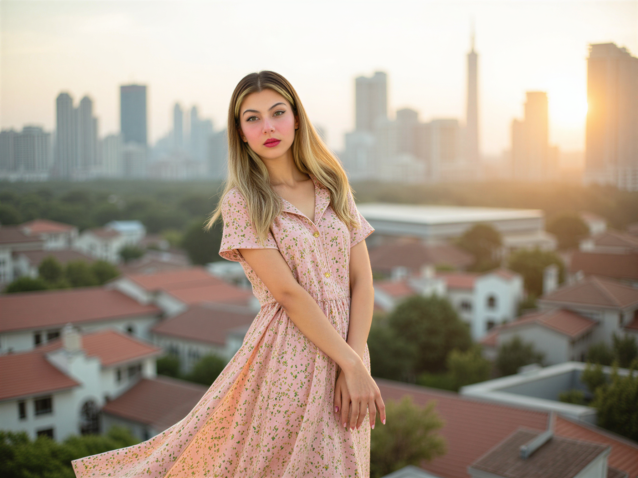 A joyful female figure, OD62S, aged 28, captured in a candid moment amidst the vibrant streets of Shanghai. She wears a flowing, colorful floral dress that dances with the wind, embodying the essence of spring. The skyline of Shanghai serves as a dynamic backdrop, with traditional architecture blending seamlessly with modern skyscrapers. Soft, golden hour sunlight filters through, casting a warm glow around her, highlighting her radiant smile and expressive eyes. Her hair is styled in loose waves, enhancing the carefree vibe of the scene. The composition exudes happiness and a sense of adventure, inviting viewers to share in her joy.