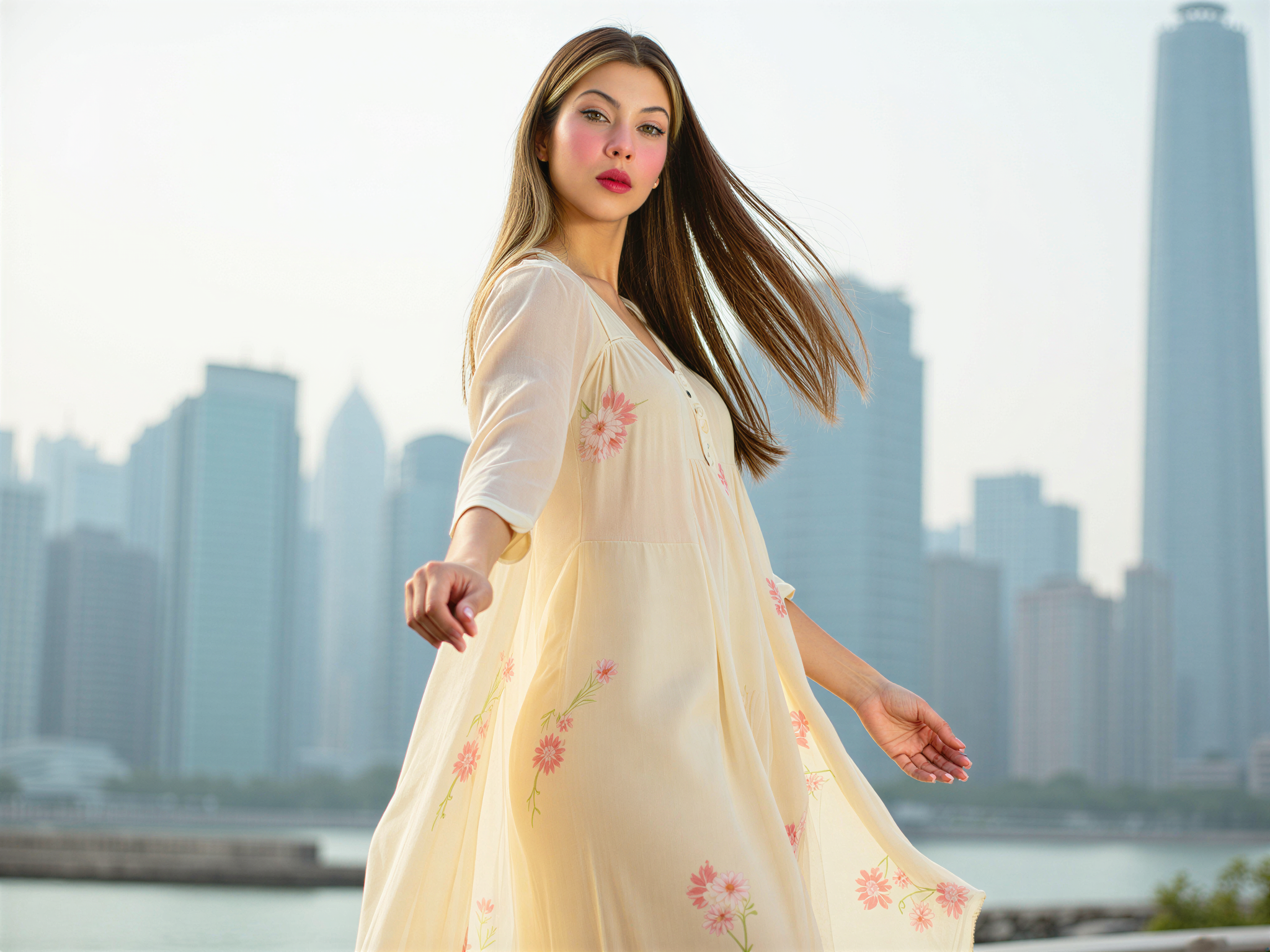 A joyful female figure, OD62S, aged 28, standing gracefully in the vibrant setting of The Bund in Shanghai. She is dressed in a flowing, pastel-colored chiffon midi dress that dances in the breeze, adorned with delicate floral patterns, capturing the essence of spring. The soft sunlight bathes her in a warm glow, highlighting her radiant smile and playful demeanor. Her hair cascades down in loose waves, moving gently with the wind. The iconic skyline of Shanghai serves as a stunning backdrop, adding urban sophistication to the scene. This composition conveys happiness and a sense of adventure, enriched by the lively atmosphere of The Bund.