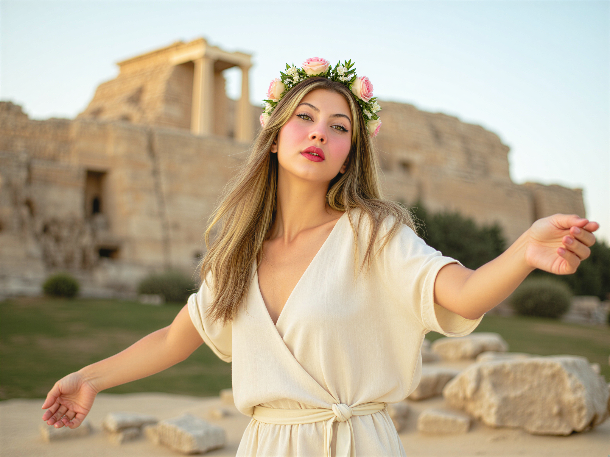A joyful female figure, OD62S, aged 28, radiating happiness as she strolls through the ancient ruins of Athens. Draped in a flowing, lightweight linen dress in soft ivory, the garment softly billows in the gentle Mediterranean breeze. The architectural marvels of the Acropolis loom in the background, bathed in golden sunlight, creating a sense of timeless beauty. Her hair cascades in loose waves, adorned with a delicate flower crown that connects her to the vibrant culture of Greece. With a warm smile, she gazes at the majestic landscape, her arms outstretched as if embracing the moment. The composition utilizes natural light to enhance the serene atmosphere, invoking feelings of wanderlust and joy. This scene encapsulates the spirit of exploring history while celebrating life in a sun-kissed locale.