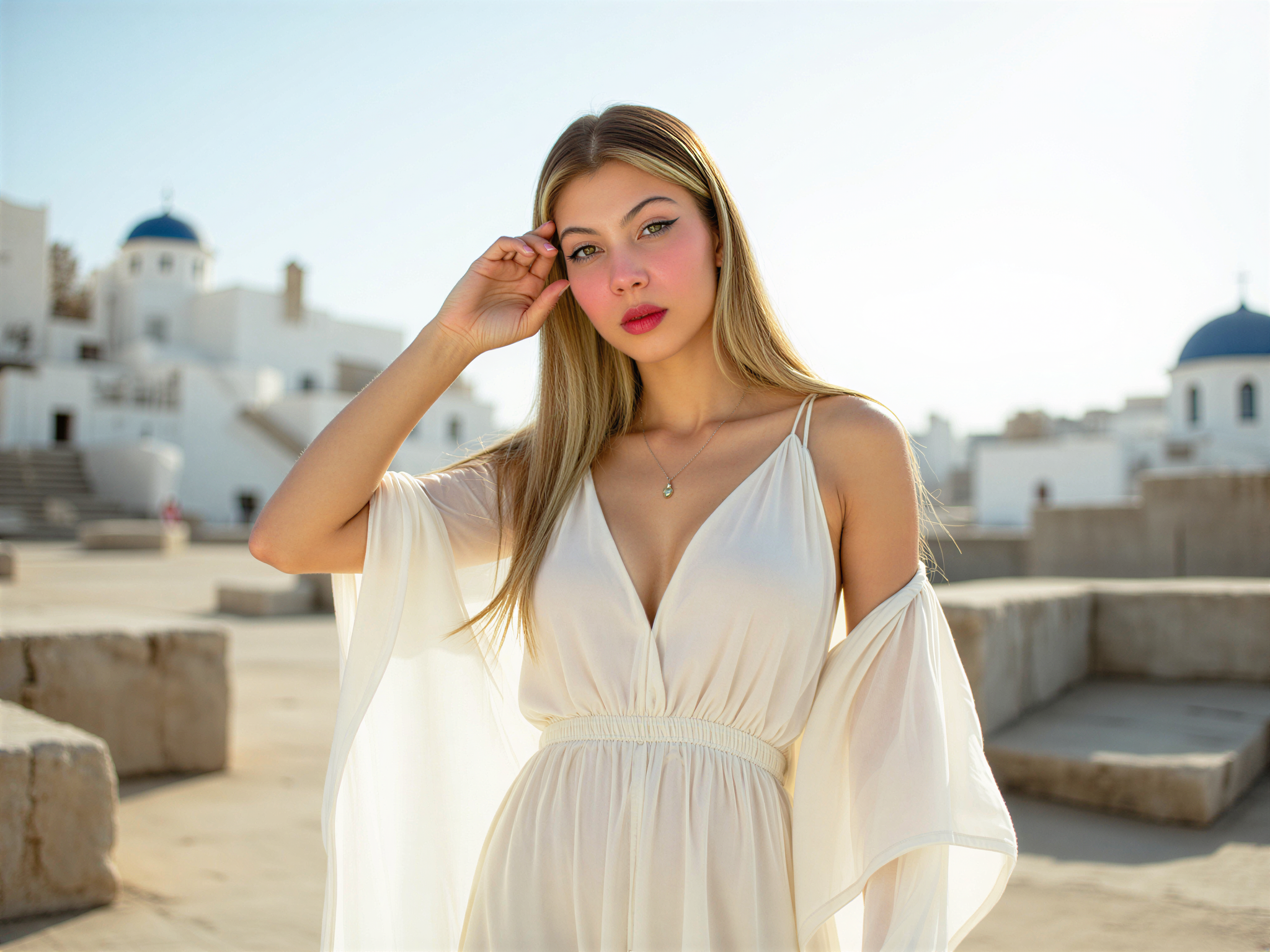 A joyful female figure, OD62S, aged 28, standing amidst the sunlit ruins of ancient Greece. She is wearing a flowing white chiffon dress that dances with the gentle breeze, perfectly embodying the essence of summer. Her hair is adorned with delicate wildflowers, and her expression radiates happiness, with a bright smile that captures the spirit of freedom and adventure. The backdrop features iconic whitewashed buildings with blue domes, framing her spirit like a contemporary goddess. Sunlight bathes her in a warm glow, enhancing the vibrant atmosphere of a Mediterranean paradise, ready for a fashion editorial spread inspired by the beauty of Greece.