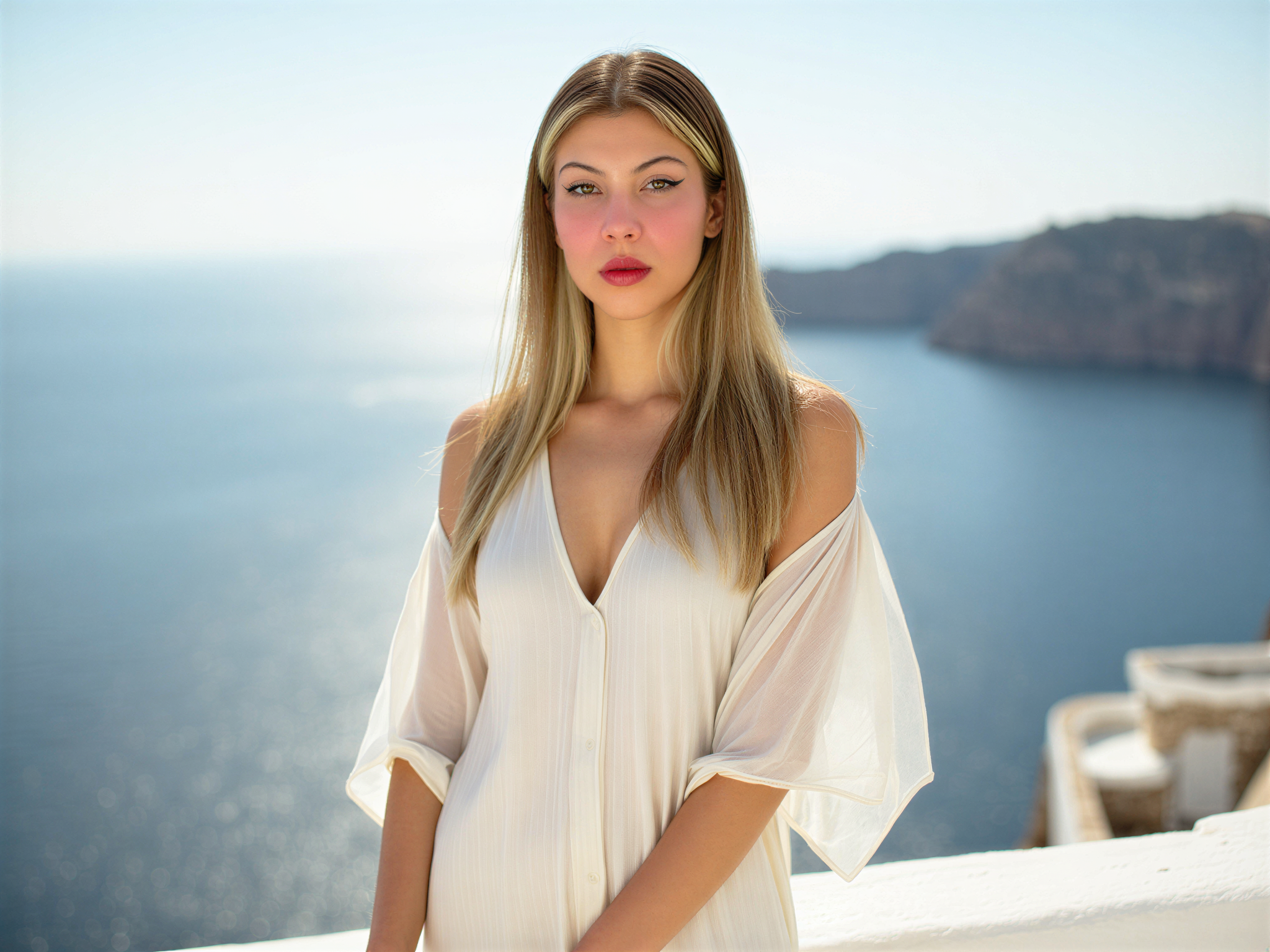 A vibrant portrait of a female figure, OD62S, aged 28, embodying joy and warmth as she stands atop a sunlit terrace in Santorini. Dressed in a flowing, airy dress of soft white chiffon, the fabric catches the breeze, mirroring the idyllic surroundings. Her hair cascades in loose waves, accentuated by delicate, sun-kissed highlights. The breathtaking backdrop reveals the iconic blue-domed buildings and the stunning azure sea, enhancing the mood of happiness and serenity. The composition utilizes natural lighting to create golden hour glows, evoking a sense of blissful contentment in this dreamy, Mediterranean setting.