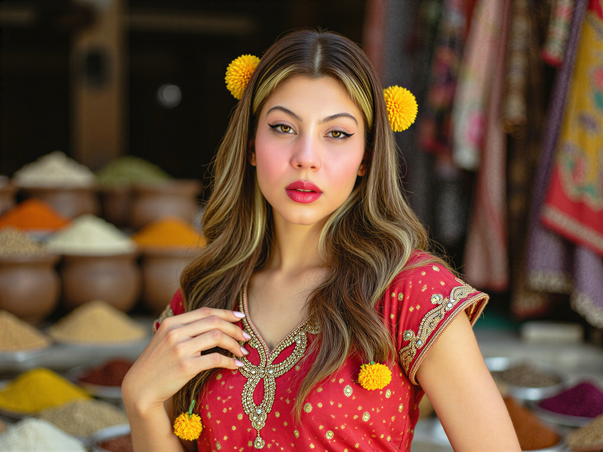 A vibrant and joyful portrait of a female individual, OD62S, aged 28, embodying the spirit of India. She wears a stunning, intricately embroidered lehenga in rich jewel tones, adorned with mirrors and gold thread, radiating a festive aura. Her hair is elegantly styled in soft waves, embellished with fresh marigold flowers. The background features a colorful Indian market filled with textiles and spices, reflecting the cultural richness of India. Her animated smile and expressive eyes convey happiness and warmth, capturing the essence of celebration and joy in Indian culture, all while bathed in soft, golden sunlight. The composition balances cultural tradition with modern vibrancy, creating a captivating and uplifting image.