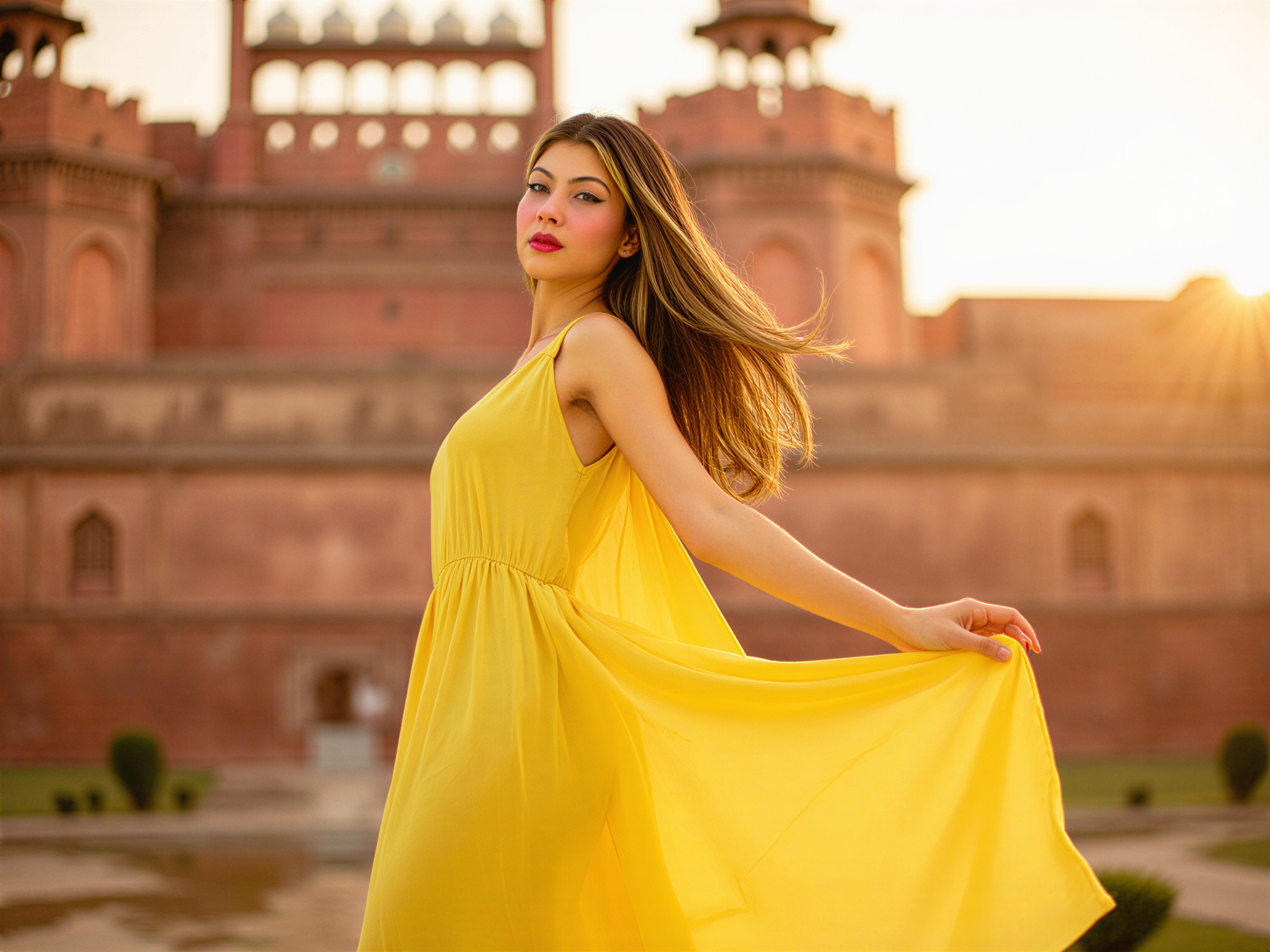 A joyous female figure, OD62S, aged 28, standing vibrantly in front of the majestic Red Fort in Delhi. She is adorned in a flowing, vibrant yellow maxi dress made of chiffon georgette, its lightweight fabric dancing in the gentle breeze. Her hair cascades in loose waves, framing her radiant smile that captures the feeling of happiness and freedom. The background showcases the iconic red sandstone architecture, bathed in warm golden sunlight. The composition highlights the contrast of her bright attire against the historic fort, encapsulating a mood of joy and celebration of culture. The image employs natural light to create an ethereal glow around her, enhancing the overall cheerful ambiance.