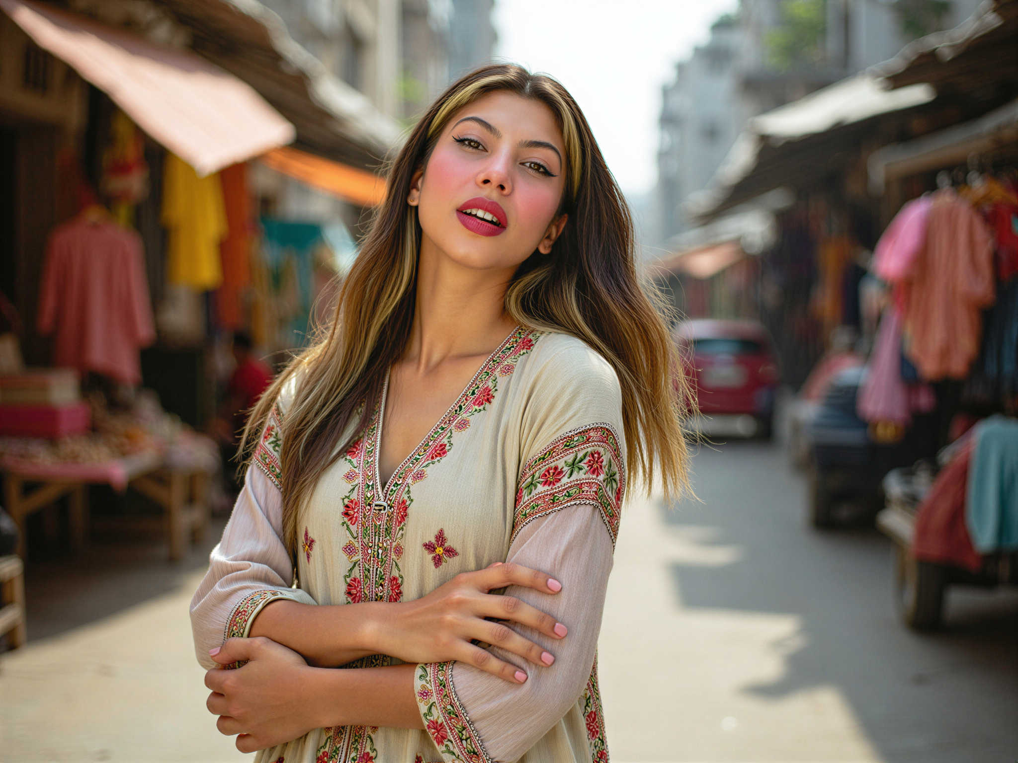 A vibrant and joyful portrait of a female figure, OD62S, aged 28, set against the bustling streets of Mumbai. She is laughing, wearing a colorful, intricately embroidered kurta paired with a flowing, lightweight dupatta that dances in the warm breeze. The dynamic energy of the city is palpable, with market stalls and bright, colorful fabrics in the background. Her hair cascades in loose waves, catching the sunlight, and her expression radiates happiness, reflecting the rich culture and lively spirit of Mumbai. The photograph captures the essence of celebration, with soft, natural lighting enhancing her joyful demeanor.