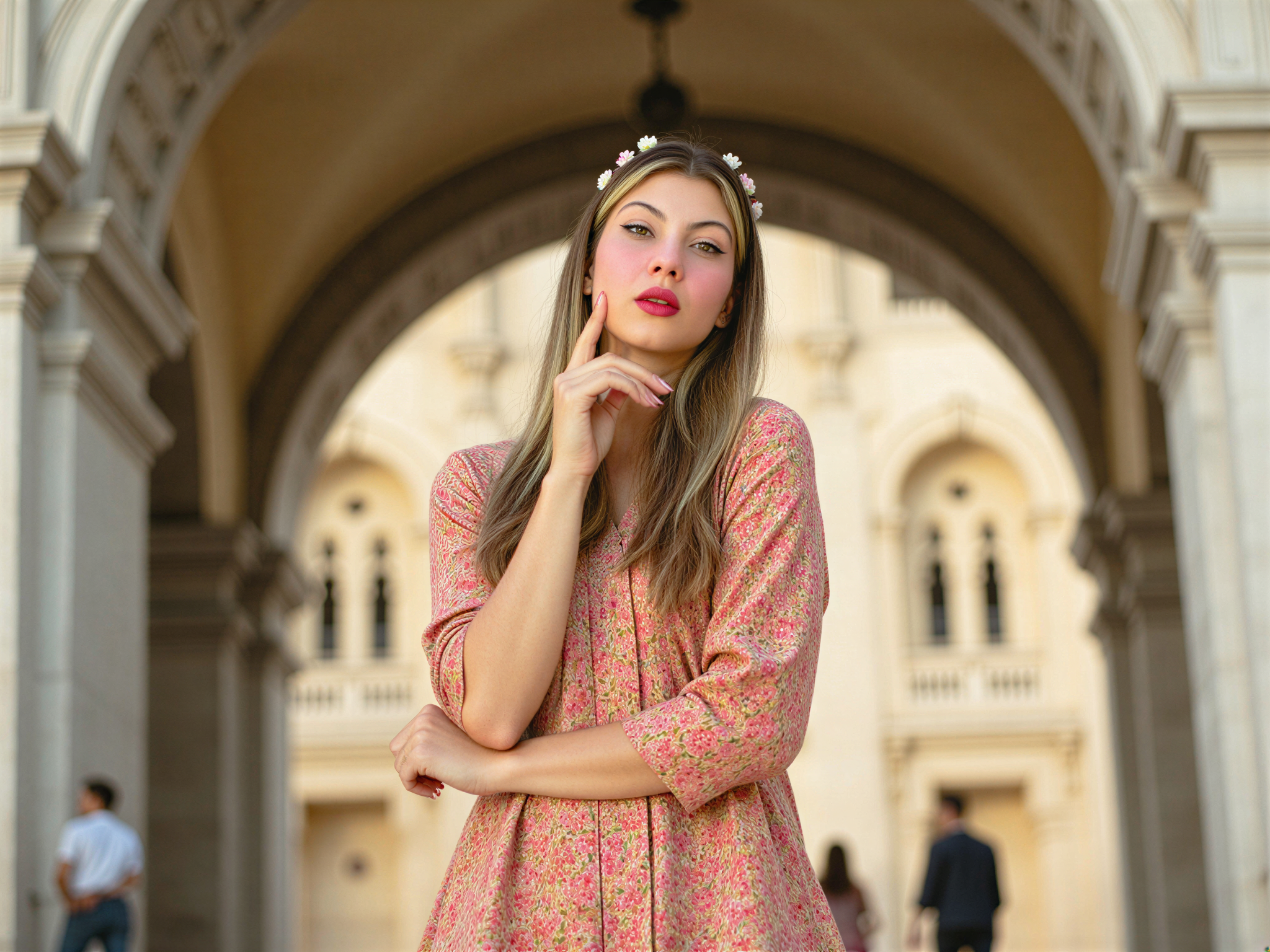 A joyful female subject, OD62S, aged 28, stands at the iconic Gateway of India, embodying the spirit of celebration. She is dressed in a vibrant, flowing maxi dress adorned with intricate floral patterns, which dances lightly in the gentle breeze. Her hair cascades in soft waves, embellished with a delicate flower crown. The photograph captures her mid-laugh, emanating an infectious happiness. The soft, golden light of the early evening sun bathes the scene, enhancing her radiant complexion. The majestic stone archway of the Gateway serves as a stunning backdrop, framing her figure and emphasizing the blend of cultural grandeur with her joyful spirit.