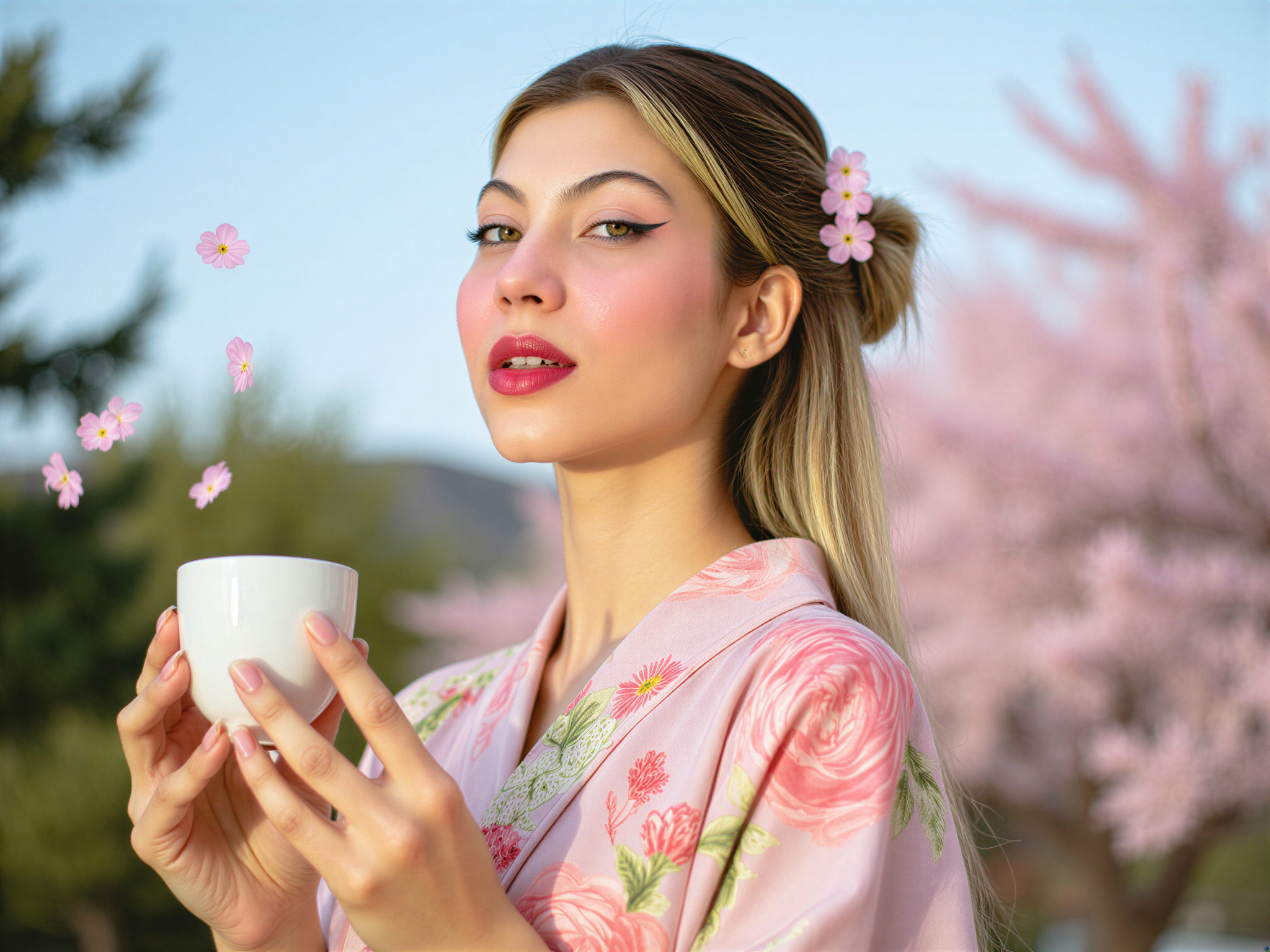 A vibrant outdoor portrait of a female individual, OD62S, aged 28, embodying joy against the backdrop of a traditional Japanese cherry blossom garden. She wears a modern kimono adorned with colorful floral patterns, the fabric dancing gently in the spring breeze. Her hair is styled in a loose updo with delicate sakura blossoms tucked in, and her makeup is fresh and radiant, capturing the spirit of celebration. In her hands, she holds a cup of matcha tea, smiling brightly as she enjoys the beauty of nature. The composition captures the essence of happiness, surrounded by soft pink petals falling around her, under a clear blue sky, evoking a serene yet festive atmosphere.