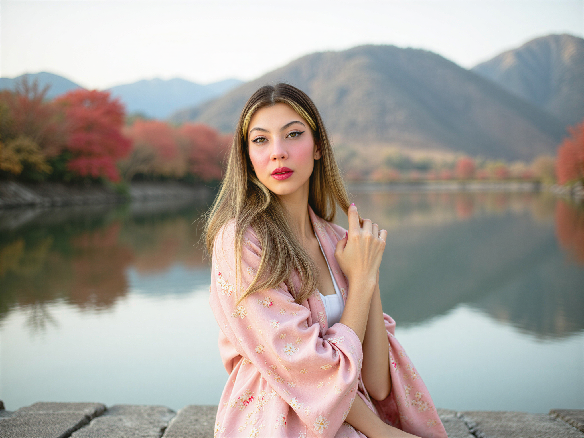 A joyful female individual, OD62S, aged 28, captured amidst the serene beauty of Hakone, Japan. Radiating happiness, she is dressed in a flowing, floral kimono that flutters gently in the breeze, adorned with intricate patterns reminiscent of cherry blossoms. Her hair is elegantly styled in loose waves, intertwined with delicate blossoms. The backdrop features the picturesque mountains and tranquil lake of Hakone, with vibrant autumn foliage reflecting in the water. Soft, natural lighting bathes the scene in a warm glow, emphasizing her radiant smile and the serene atmosphere, creating a harmonious balance between elegance and nature's beauty.
