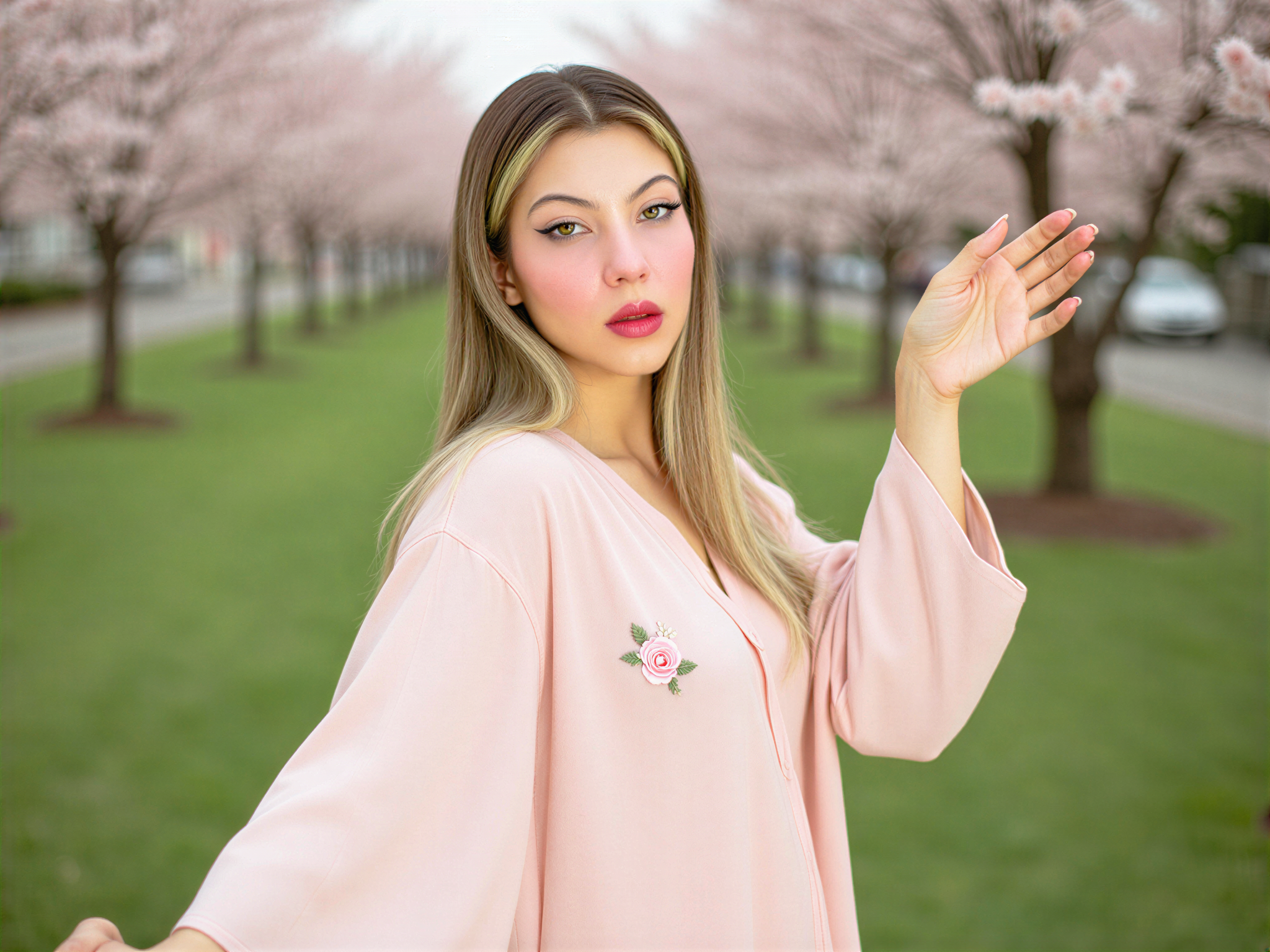 A joyful female figure, OD62S, aged 28, embodies the ethereal beauty of Nara in a serene outdoor setting. She wears a flowing, pastel-hued chiffon dress that dances in the gentle breeze, adorned with delicate floral embroidery. Her radiant smile and sparkling eyes reflect genuine happiness, perfectly complemented by soft, natural lighting that casts a warm glow on her features. The backdrop is a lush garden filled with cherry blossoms, evoking a dreamlike atmosphere that encapsulates the essence of contentment and tranquility. The composition highlights her graceful pose, with arms gently outstretched, inviting the viewer into her cheerful world.
