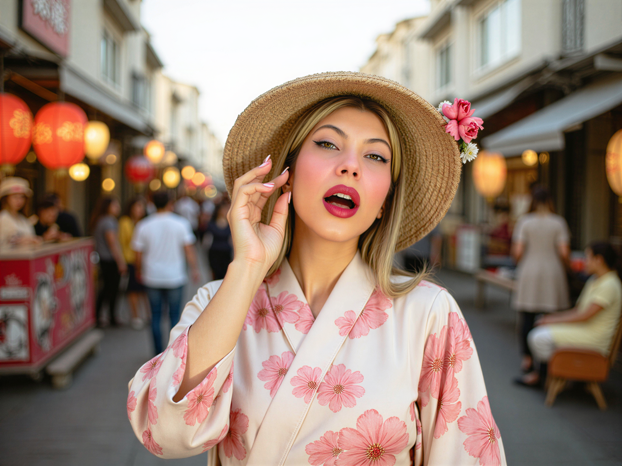 A vibrant street fashion portrait of a 28-year-old female, OD62S, embodying the joyful spirit of Asakusa, Tokyo. She wears a striking kimono with intricate cherry blossom patterns in shades of blush and ivory, complemented by a modern oversized straw hat adorned with delicate silk flowers. The scene captures her laughing and enjoying festive street vendors and colorful lanterns in the bustling background, evoking a sense of cultural celebration. The warm afternoon light casts a soft glow, enhancing her radiant smile and the lively atmosphere of the city. The composition balances dynamic movement with artistic framing, bringing the joyful essence of Asakusa to life.
