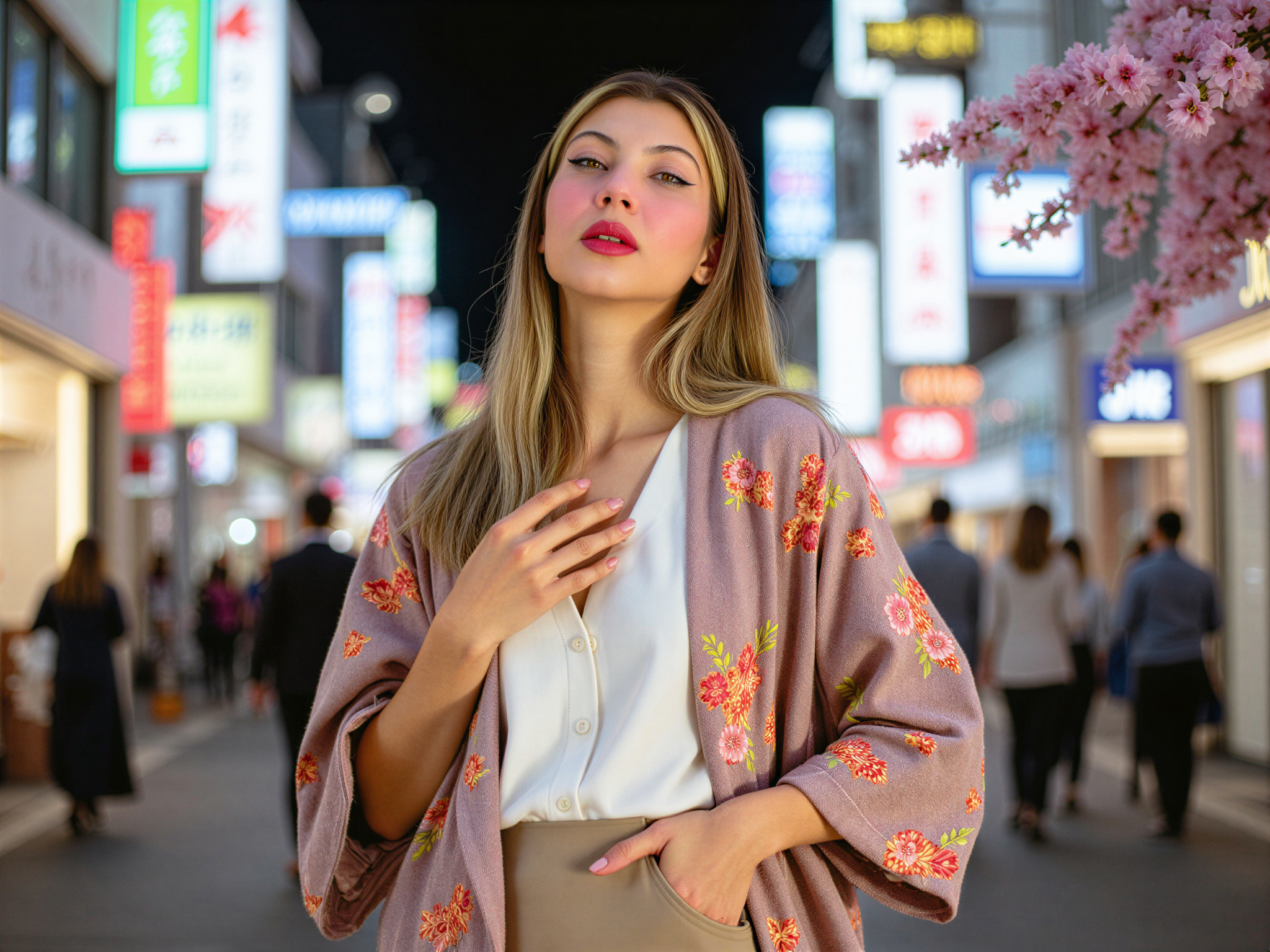 A joyful 28-year-old female, OD62S, captured in the vibrant streets of Tokyo, surrounded by neon lights and bustling crowds. She wears a playful, layered kimono-inspired jacket adorned with colorful floral motifs, paired with chic high-waisted trousers. Her hair is styled in soft waves, complemented by a touch of vibrant pink lipstick. The image radiates happiness, with her laughing as she enjoys a glimpse of cherry blossoms nearby. The composition includes the urban landscape of Tokyo around her, creating an energetic and lively atmosphere with dynamic angles and bright, saturated colors that evoke a sense of youthful exuberance.