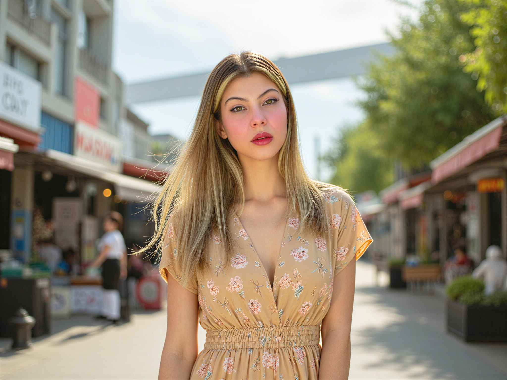 A joyful female, OD62S, aged 28, captured in a vibrant street scene in Busan, South Korea. She wears a colorful sundress adorned with playful floral patterns that echo the lively atmosphere of the bustling city around her. Her hair flows freely, dancing in the gentle sea breeze, while a radiant smile lights up her face, evoking a sense of happiness and freedom. The background features the picturesque Busan skyline with the iconic Gwangan Bridge, bustling markets, and street art, enhancing the lively mood of the scene. Soft, diffused sunlight filters through the trees, casting a warm, golden glow that accentuates her carefree demeanor. This photorealistic image captures the essence of youth and the vibrant culture of Busan.