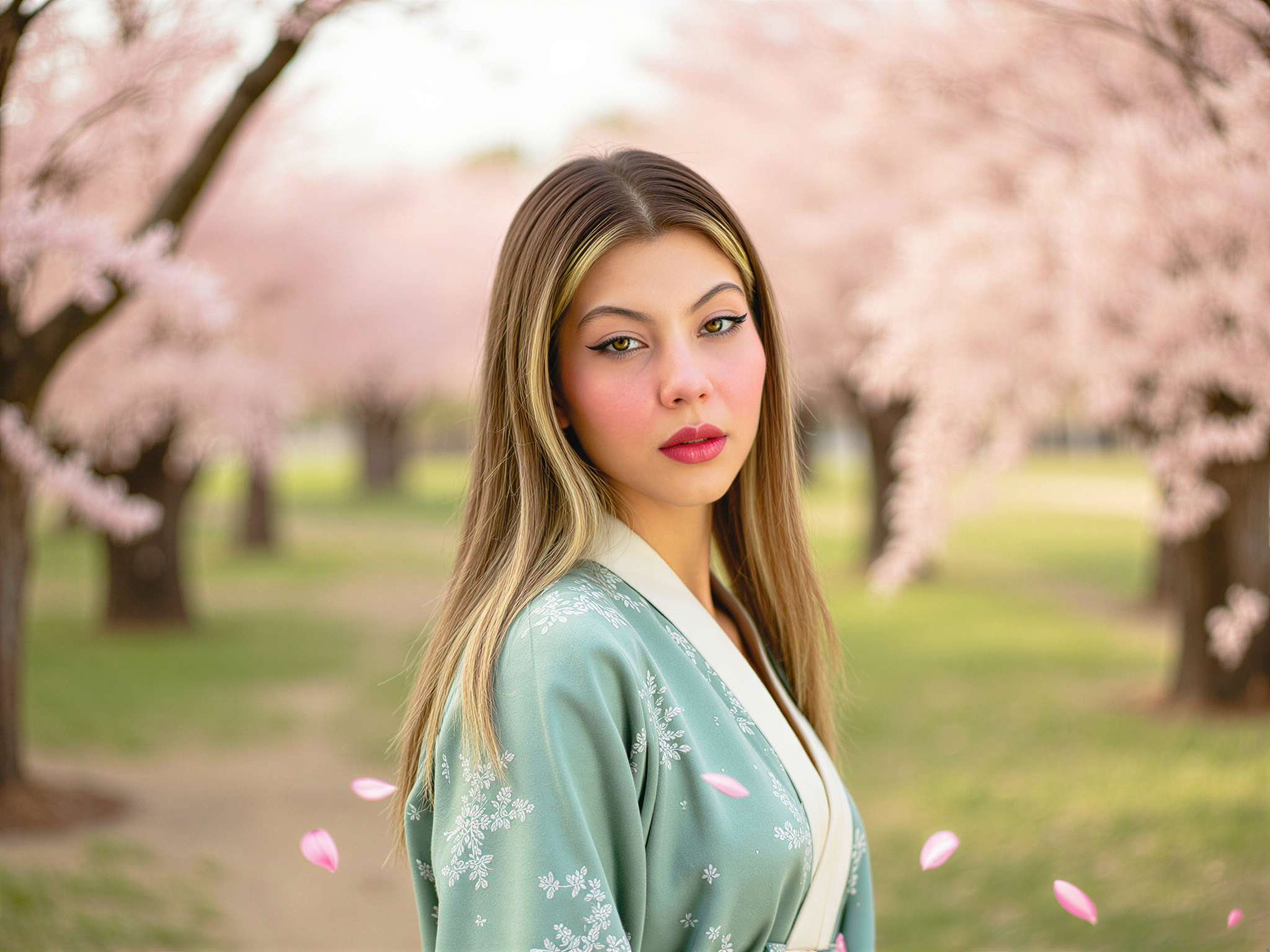 A joyful female figure, OD62S, aged 28, embodying the vibrant spirit of modern Gyeongju. She is dressed in a flowing hanbok, featuring intricate patterns in hues of jade green and soft pink, perfectly capturing the cultural essence of the region. The scene is set in a picturesque cherry blossom grove, with soft petals swirling in the air, creating an enchanting atmosphere. Her expressive smile and twinkling eyes radiate happiness, while the warm afternoon sun casts a golden glow, enhancing the dreamy quality of the moment. The composition highlights natural beauty and cultural richness, encapsulating a serene yet joyful celebration of life in Gyeongju.