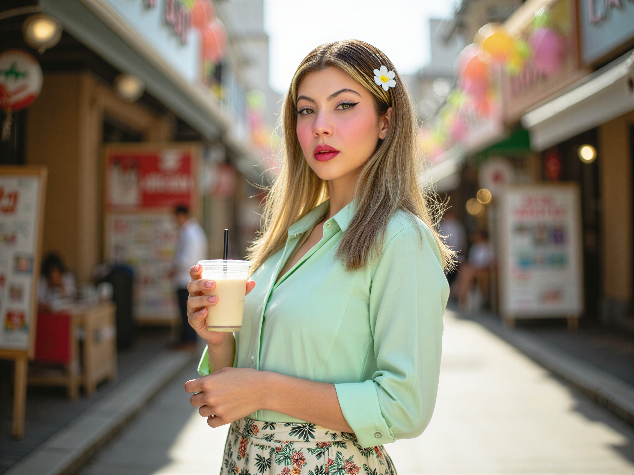 A joyful female individual, OD62S, aged 28, captured in a vibrant street scene in Seoul. She wears a playful, pastel-colored ensemble—a fitted mint green blouse paired with an A-line skirt adorned with whimsical prints, reflecting the city's lively fashion. Her hair is styled in loose waves adorned with a floral hairpin, and she beams with happiness while holding a cup of bubble tea. The bustling backdrop features the iconic colorful signage of a busy market street, blurring with motion, while sunlight casts a warm glow, enhancing the cheerful atmosphere. The image encapsulates the youthful spirit and fashion-forward culture of Seoul.