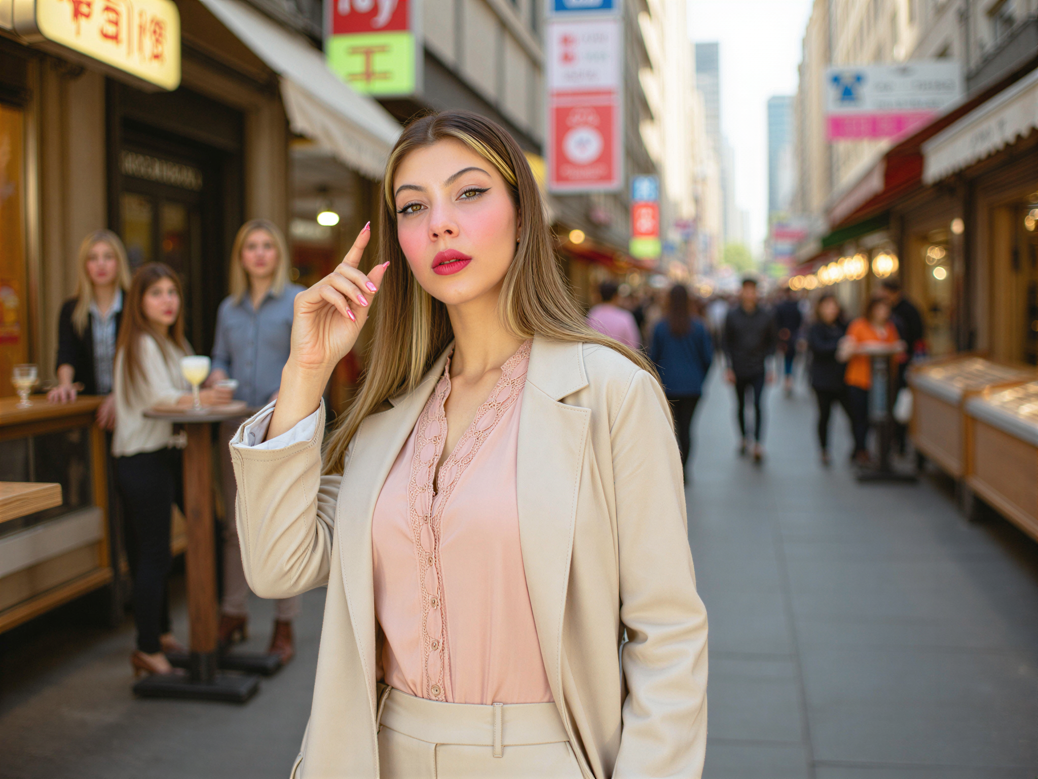 A vibrant street scene featuring a female individual, OD62S, aged 28, joyfully exploring the bustling streets of Myeongdong, South Korea. She is dressed in a chic, pastel-colored blouse adorned with delicate lace details and high-waisted trousers that fall elegantly to her ankles. A lightweight, flowy trench coat billows slightly behind her, capturing the essence of effortless style. Her playful smile radiates happiness as she interacts with street vendors and samples delicious local treats. The charming backdrop is filled with colorful signage and lively market stalls, suffused with warm, golden-hour light creating an inviting atmosphere brimming with energy. This moment embodies the joy of exploration and cultural immersion, showcasing a beautiful blend of fashion and the vibrant Myeongdong experience.