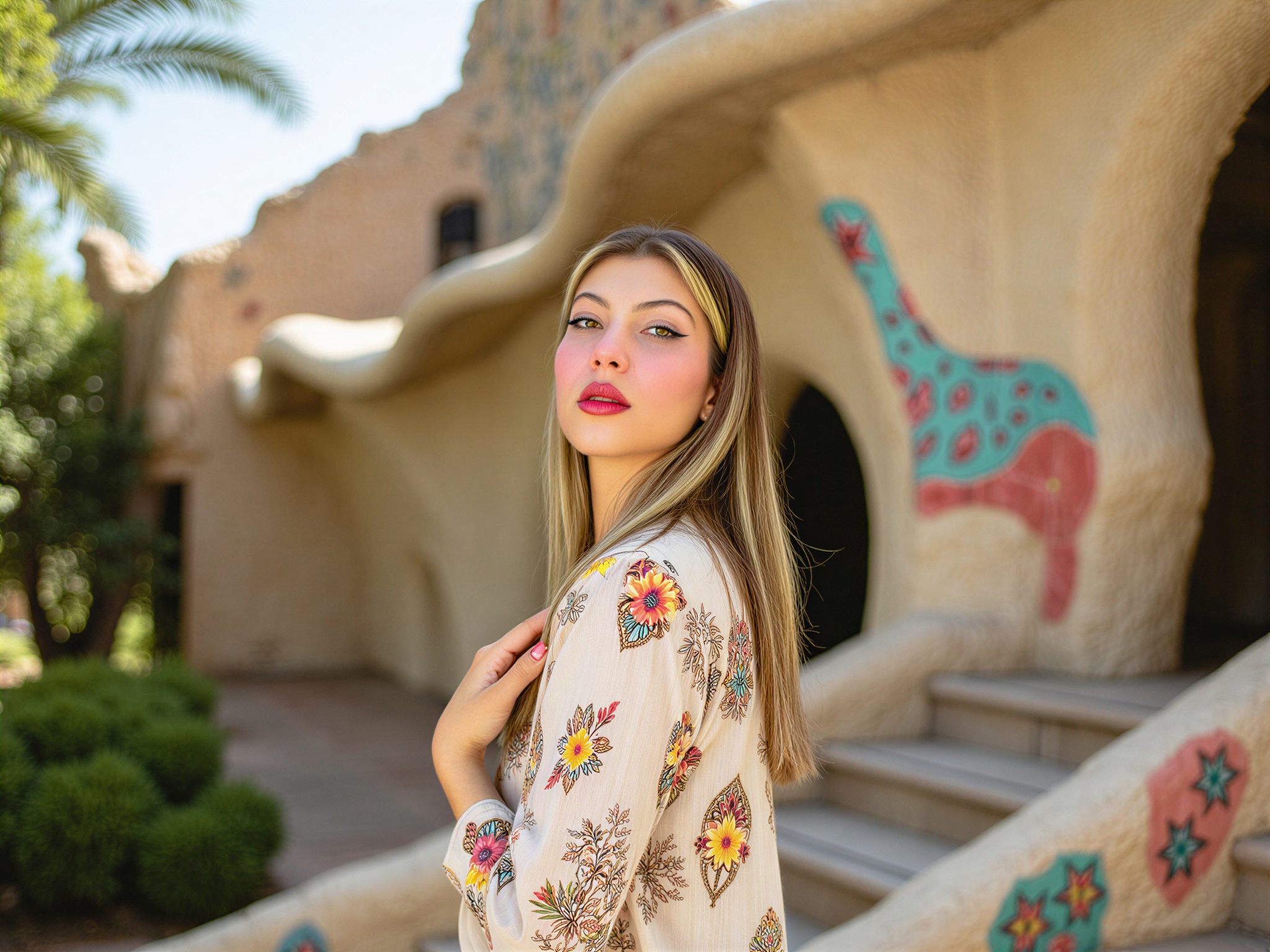A joyful female figure, OD62S, aged 28, stands amidst the vibrant mosaics of Park Güell in Barcelona. She wears a flowing, bohemian-style maxi dress adorned with colorful patterns that echo the park's artistic spirit. Her hair dances in the gentle breeze, cascading in soft waves, while she flashes a radiant smile, capturing the essence of happiness. The iconic architectural elements of Gaudí's design frame her, with the sun casting playful shadows. The vibrant colors and whimsical forms of the surroundings enhance the atmosphere of carefree joy and celebration of life, evoking a sense of wanderlust and beauty in the heart of this enchanting locale.