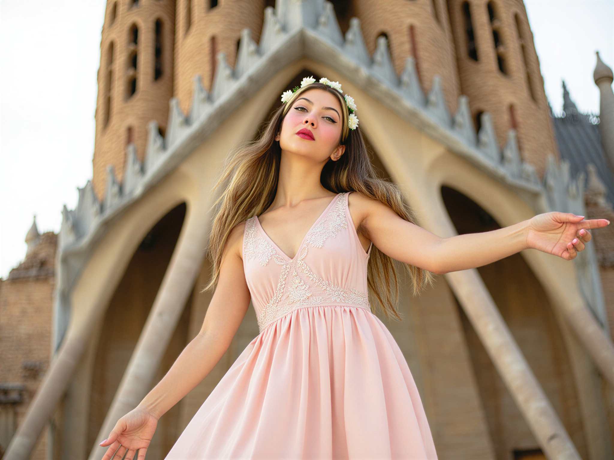 A joyful female subject, OD62S, aged 28, enjoying a moment at the Sagrada Familia in Barcelona. She wears a flowing, pastel-colored maxi dress that dances in the breeze, with delicate floral embroidery that captures the essence of spring. Her hair cascades in loose curls adorned with a flower crown. She stands gracefully, arms open wide as if embracing the magnificent architecture behind her, with the intricate spires of the basilica framing her shape. The soft afternoon sunlight enhances her radiant smile, projecting happiness and a sense of wonder. The composition employs the rule of thirds, giving breathing room to the stunning backdrop while focusing on her vibrant energy and the emotional elation of the moment.