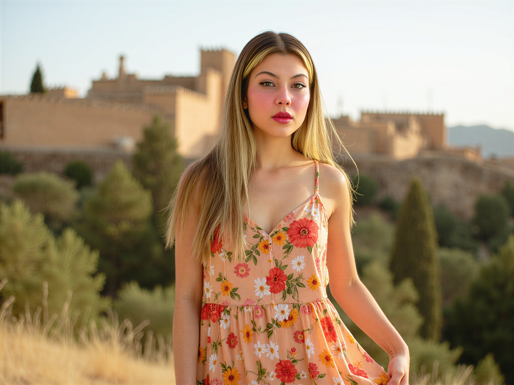 A joyful female figure, OD62S, aged 28, captured in a vibrant outdoor scene in Granada. She wears a colorful, flowing sundress adorned with floral patterns, perfectly complementing the city’s warm, earthy architecture in the background. Golden sunlight bathes her, enhancing the warmth of her smile and the sparkle in her eyes. Her hair dances in the breeze, creating a sense of carefree bliss. The image artfully contrasts the stunning Alhambra palace in the distance, evoking a sense of freedom and happiness that encapsulates the spirit of Granada.