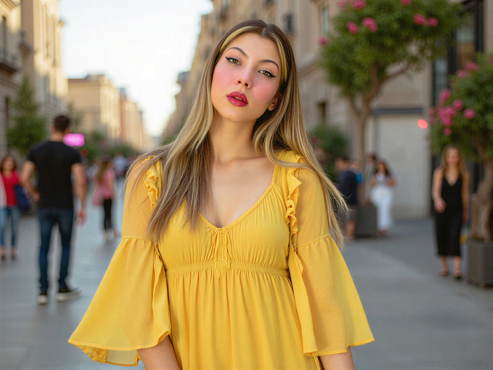 A vibrant portrait of a 28-year-old female, OD62S, beaming with joy against the backdrop of Madrid's bustling streets. She wears a flowing, sunny yellow dress made from lightweight chiffon, with ruffled sleeves that catch the soft afternoon light. The dress's bright hue complements her radiant smile, creating an inviting atmosphere. Her hair cascades in soft waves, and she sports minimal, fresh makeup that enhances her natural beauty. The scene is alive with the vivid colors of Madrid’s architecture, flowers in bloom, and the energy of passersby, capturing the essence of happiness and summer in a European metropolis. The photograph is taken during the golden hour, enveloping the subject in a warm glow, evoking a sense of carefree bliss.