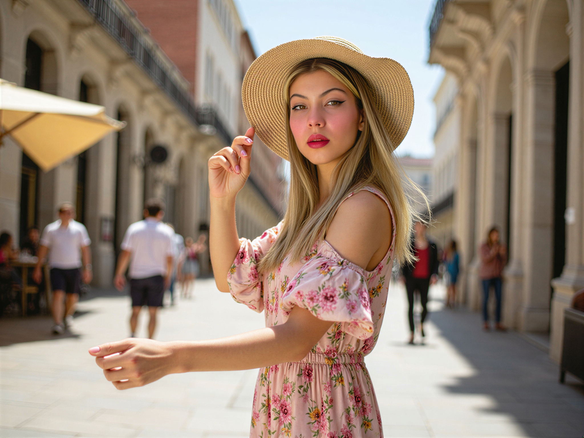 A joyful female figure, OD62S, aged 28, captured in the vibrant atmosphere of Plaza Mayor in Madrid. She embodies the spirit of the square, dressed in a chic, colorful summer ensemble: a flowing floral midi dress with soft, billowing sleeves and a cinched waist that flatters her figure. Sunlight dances off her playful accessories—a wide-brimmed straw hat adorned with a silk ribbon and a pair of statement earrings that catch the light. Laughter lights up her face as she twirls, her hair fluttering in the warm breeze, surrounded by the iconic architecture of the plaza, bustling with life. The scene radiates happiness and cultural richness, creating a perfect snapshot of a carefree summer day.