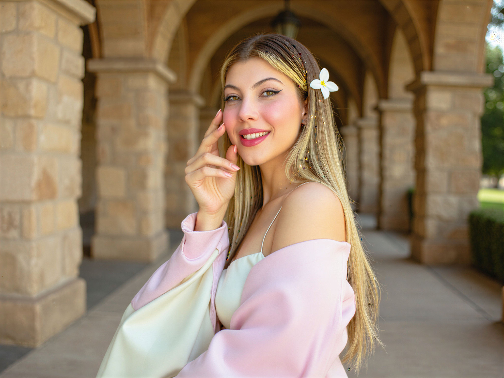 A joyful female individual, OD62S, aged 28, portraying vibrant energy amidst the enchanting backdrop of an alcazar. She wears a flowing, off-the-shoulder gown in soft pastel hues that beautifully contrasts with the historic stone architecture. Her hair is styled in loose waves, adorned with delicate floral accents. The sunlight filters through the intricately designed arches, illuminating her radiant smile and the twinkle in her eyes. The photograph captures the essence of happiness, evoking a sense of celebration and romance against the rich tapestry of the alcazar, creating a dreamy, fairy-tale atmosphere.