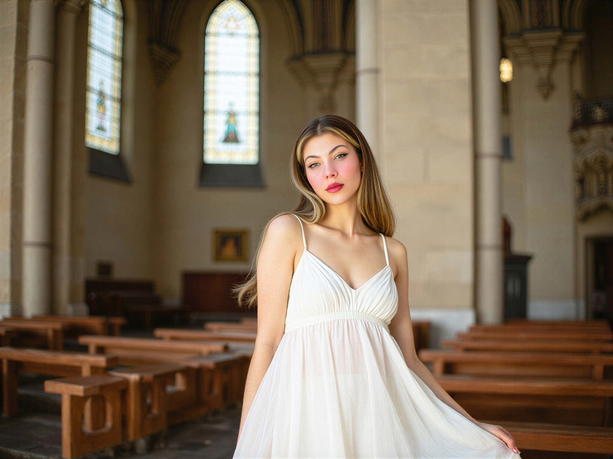 A joyful, 28-year-old female, OD62S, standing gracefully inside a grand cathedral. She is dressed in an ethereal, flowing white chiffon gown that cascades to the floor, its delicate fabric catching the sunlight streaming through stained glass windows. The intricate architecture of the cathedral serves as a stunning backdrop, emphasizing the sacred moment. Her radiant smile is framed by soft, loose curls and highlighted with natural makeup, enhancing her glowing complexion. The atmosphere is filled with light and warmth, capturing the essence of happiness and serenity in this blessed space, evoking a sense of celebration and joy. The composition utilizes soft, diffused lighting to create an enchanting ambiance that complements her joyful expression.