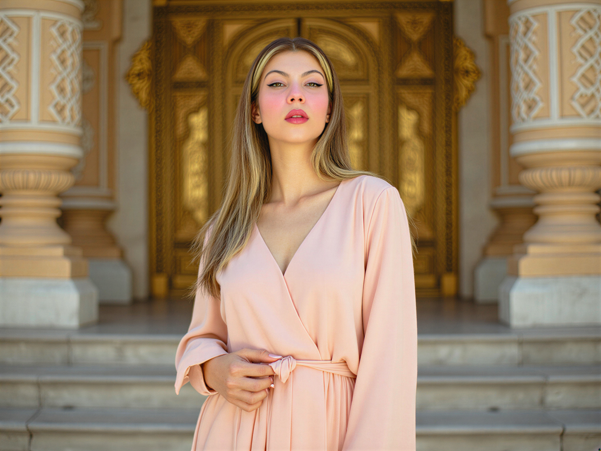A joyful female individual, OD62S, aged 28, standing radiantly in front of the opulent Grand Palace. She is adorned in a flowing pastel-colored gown, beautifully reflecting the grandeur of the palace's intricate architecture. Her smile is infectious, capturing a sense of wonder and happiness. The rich details of the palace create a regal backdrop, enhanced by the golden hour light casting a warm, ethereal glow. Her hair cascades in soft waves, framing her face with an elegant touch, while delicate accessories twinkle subtly. This moment captures the essence of celebration and beauty, blending fashion with a magnificent cultural landmark.