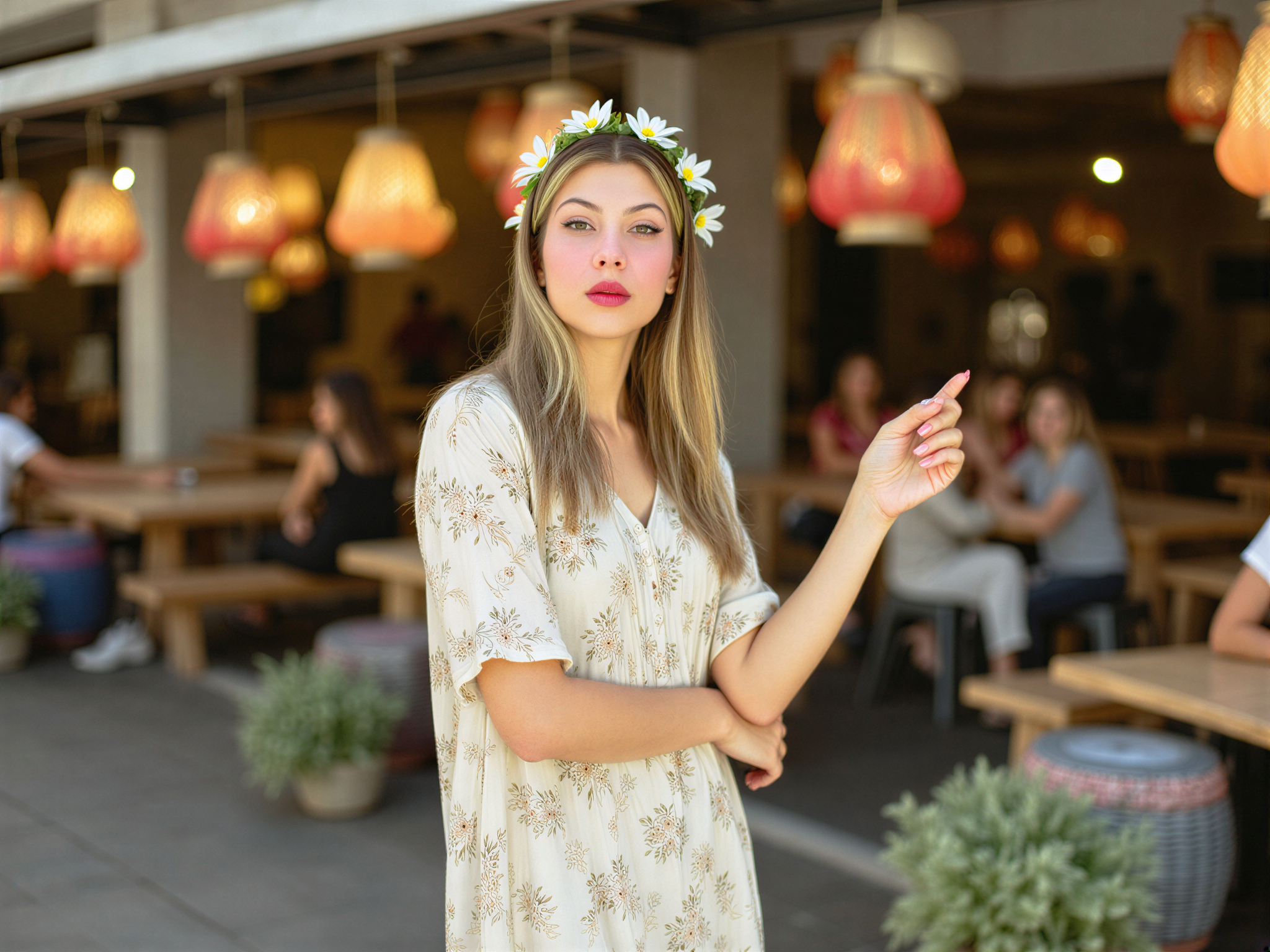 A joyful female, OD62S, aged 28, captured in the vibrant streets of Chiang Mai, Thailand. Dressed in a flowing, lightweight cotton maxi dress adorned with intricate floral patterns, she embodies the essence of tropical elegance. Her hair is styled in loose waves, accentuated by a delicate floral crown made of local blossoms. She smiles radiantly as she interacts with the colorful lanterns and bustling market stalls in the background, capturing the warmth and cultural richness of the locale. The soft afternoon light bathes the scene in a golden hue, enhancing her happiness and the vibrant colors of her surroundings in a photorealistic style.