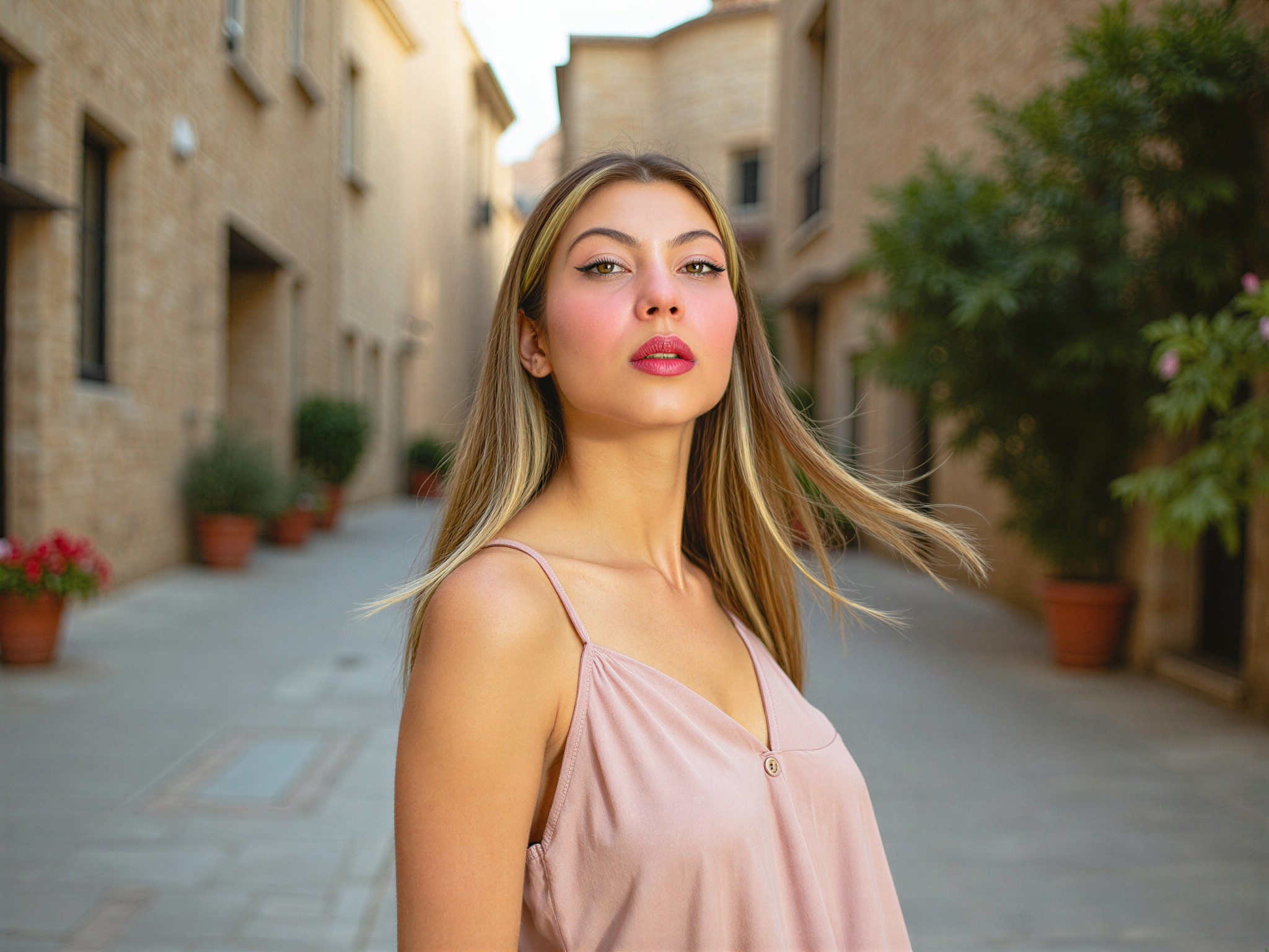 A vibrant scene featuring a female subject, OD62S, aged 28, joyfully exploring an old city filled with history. She wears a flowing, bohemian-inspired sundress in soft pastels that reflects the charm of the aged architecture around her. Her hair flows freely in the gentle breeze as she gazes upward, a bright smile illuminating her face, capturing the essence of happiness. The backdrop features cobblestone streets, ancient stone buildings adorned with colorful flowers, and a soft golden hour light casting warm tones. The composition is lively and engaging, with dynamic angles emphasizing her exuberance and the city's rustic beauty.