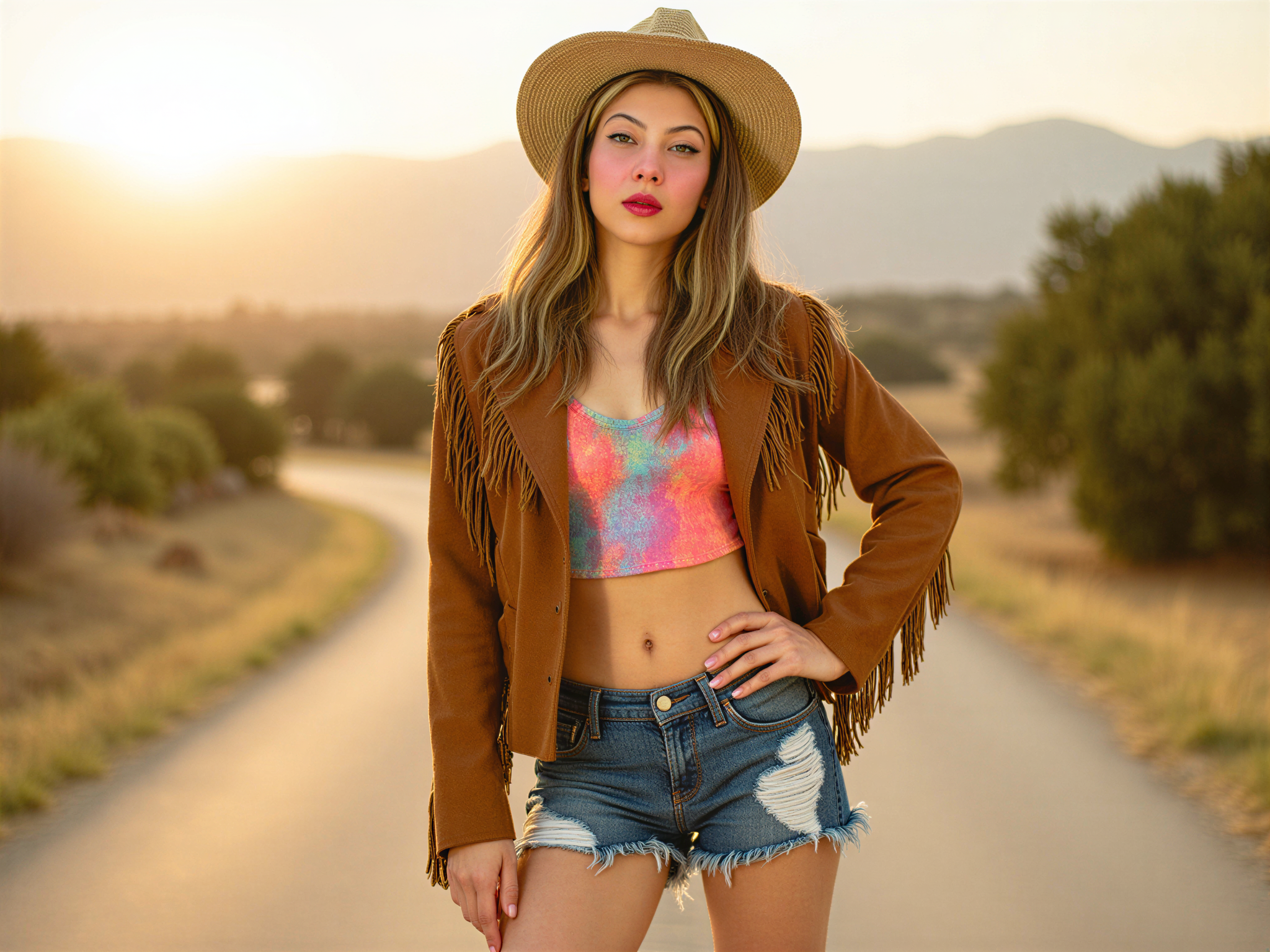 A vibrant and joyful female figure, OD62S, aged 28, embodying an exuberant spirit inspired by the cultural phenomenon of Old Town Road. She wears a playful, western-inspired outfit featuring a stylish fringed suede jacket over a colorful crop top, paired with distressed denim shorts and knee-high cowboy boots. Her hair cascades in voluminous curls adorned with a wide-brimmed straw hat that radiates warmth. Set against a lively background of a sun-soaked country road, the image captures a carefree atmosphere, filled with golden hour light that enhances the joyous mood. The composition and use of color evoke a sense of freedom and happiness, making it a striking visual celebration of individuality and fun.