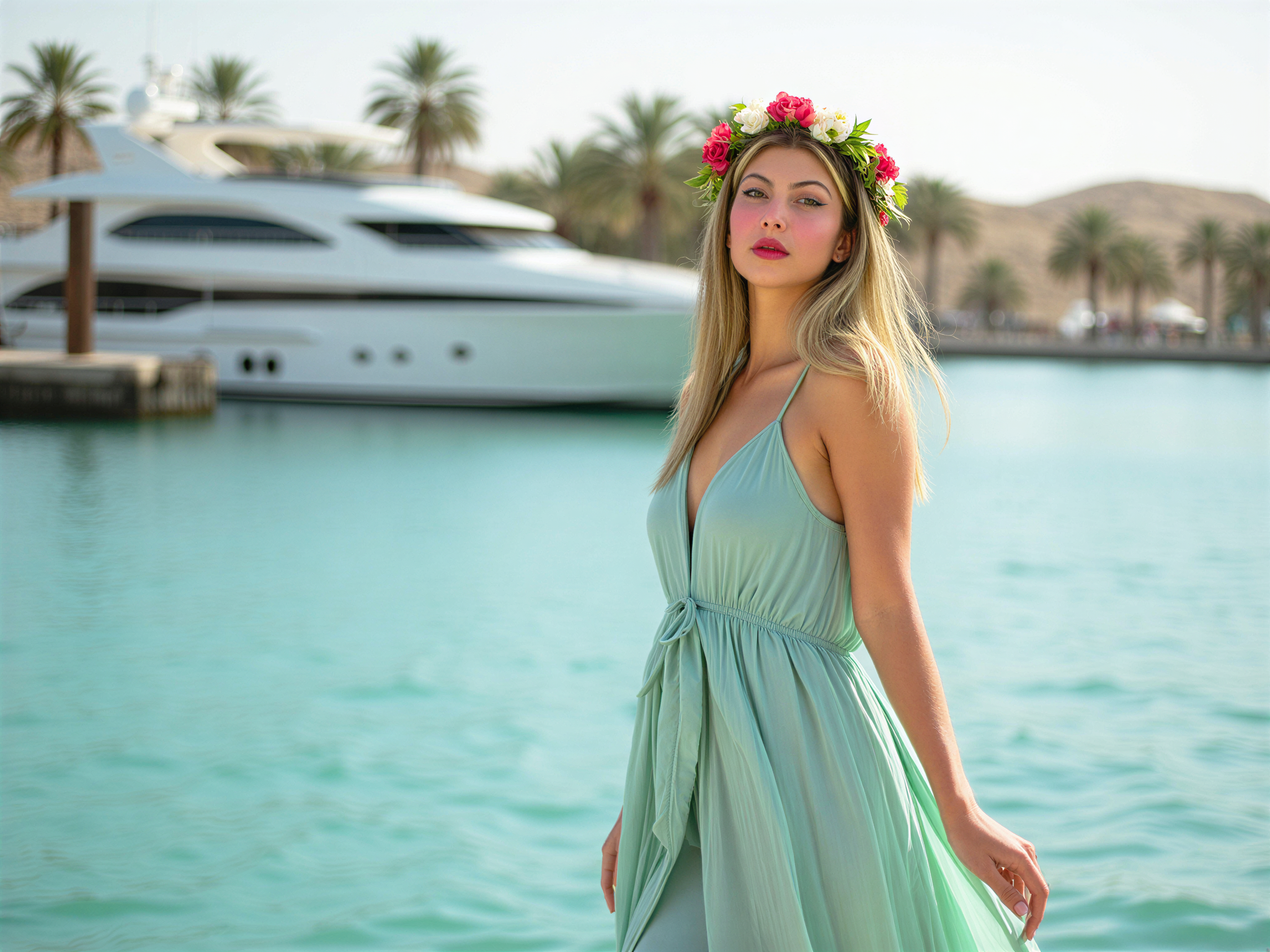A joyful female figure, OD62S, aged 28, captured at Al Hamra Marina, embodying the essence of coastal elegance. She wears a flowing aqua chiffon sundress that dances in the gentle breeze, reflecting the sun's golden rays like rippling water. Her hair is styled in loose, beachy waves, complemented by a delicate floral crown woven with vibrant blooms. With a radiant smile, she stands near a luxurious yacht, the serene marina backdrop featuring crystalline turquoise waters and palm trees swaying gracefully. The lighting is bright and cheerful, casting soft highlights on her face and the dress, evoking a carefree summer afternoon filled with laughter and warmth.