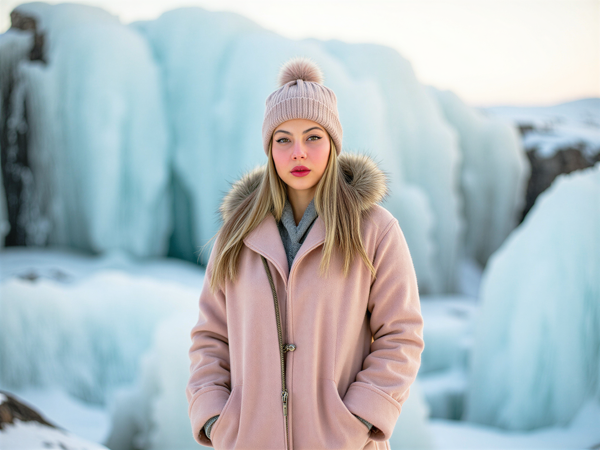 A joyful female figure, OD62S, aged 28, portrayed against a breathtaking Icelandic landscape. She stands amidst glittering ice formations and stunning glacial backdrops, her face lit up with a radiant smile that embodies happiness. Dressed in a chic, layered winter ensemble featuring a cozy, oversized pastel pink wool coat, paired with chic snow boots and a knitted beanie. The soft sunlight casts a magical glow on her, enhancing the frosty scenery. Snowflakes dance around her, creating a whimsical and serene atmosphere that captures the essence of joy and adventure in an icy wonderland. The composition is lively and vibrant, inviting viewers into her moment of bliss.