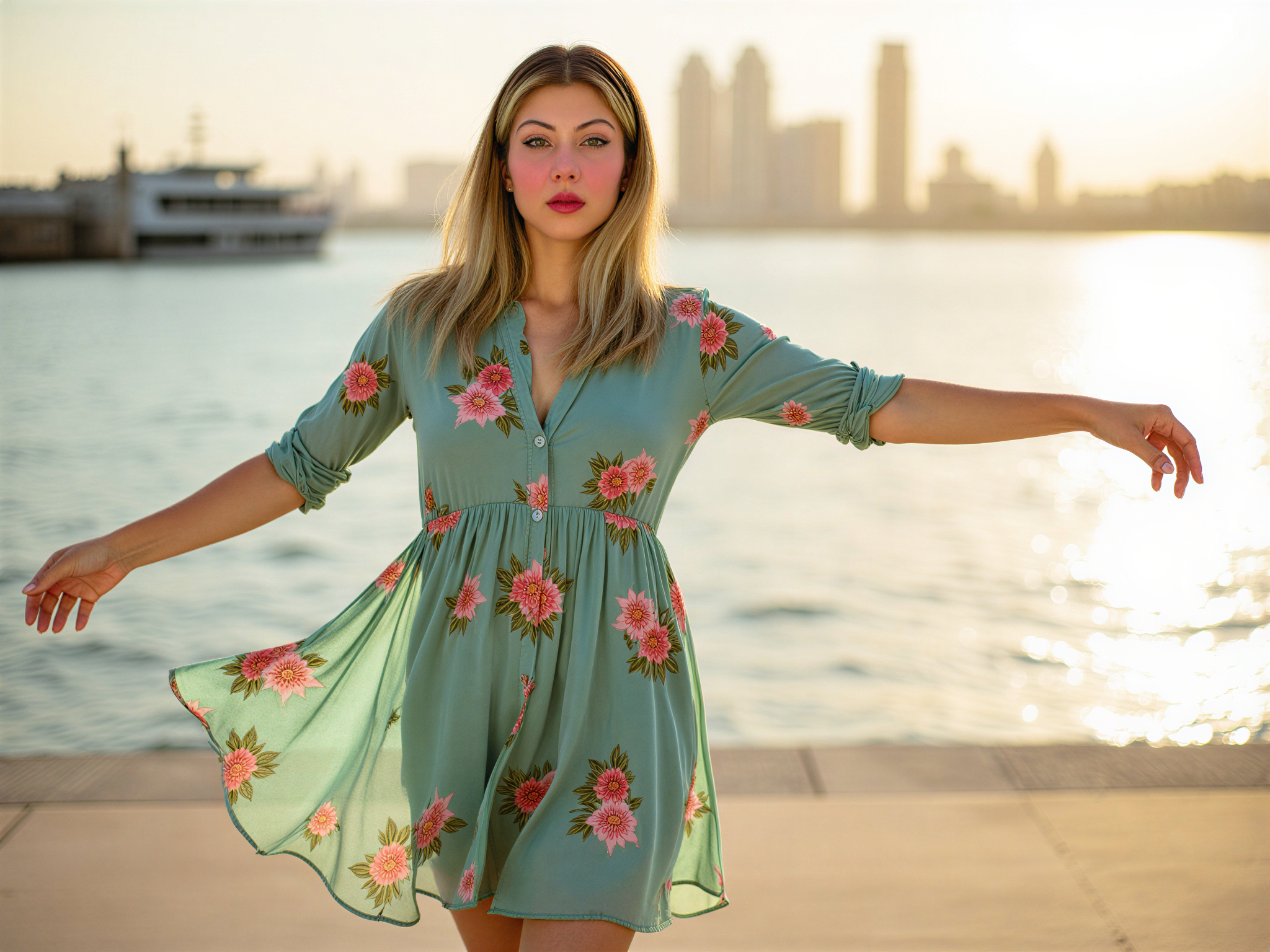 A vibrant portrait of a joyful female individual, OD62S, aged 28, standing at the picturesque Al Majaz Waterfront. She wears a flowing, floral chiffon dress in shades of turquoise and coral, which dances with the gentle breeze as she spins playfully. Her hair is styled in soft waves, catching the sunlight. The scene captures the stunning waterfront backdrop with sparkling water and city skyline in soft focus. Her expression exudes pure happiness and vitality, embodying the essence of summer joy. The glorious sunset casts a warm, golden glow, enhancing the overall atmosphere of bliss and serenity in a photorealistic style.