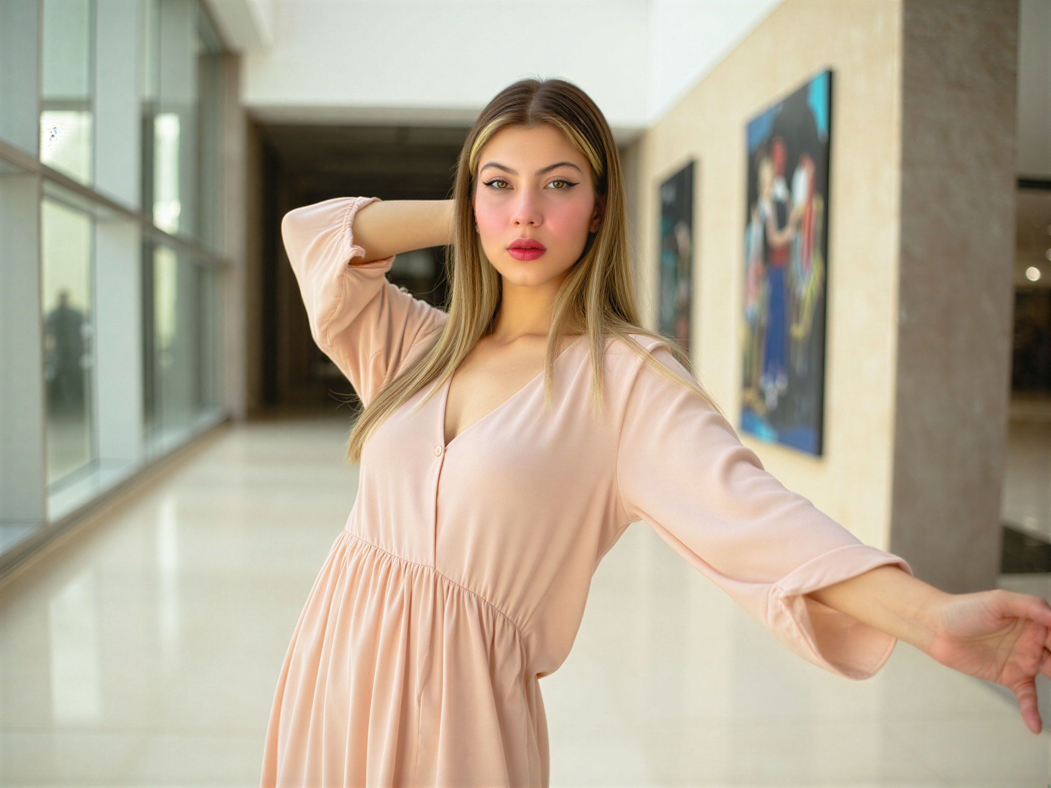 A joyful female subject, OD62S, aged 28, is depicted within the elegant interiors of the Sharjah Art Museum. She wears a flowing, soft pastel gown crafted from chiffon georgette, draping gracefully around her as she embraces the vibrant art-filled environment. The light filtering through expansive windows illuminates her radiant smile, capturing a moment of unfiltered happiness. The atmosphere is filled with color and creativity, reflected in her dynamic pose—arms outstretched as if embracing the art around her. The composition highlights the museum's artistic elements while showcasing her joyous presence, creating a harmonious blend of fashion and culture.