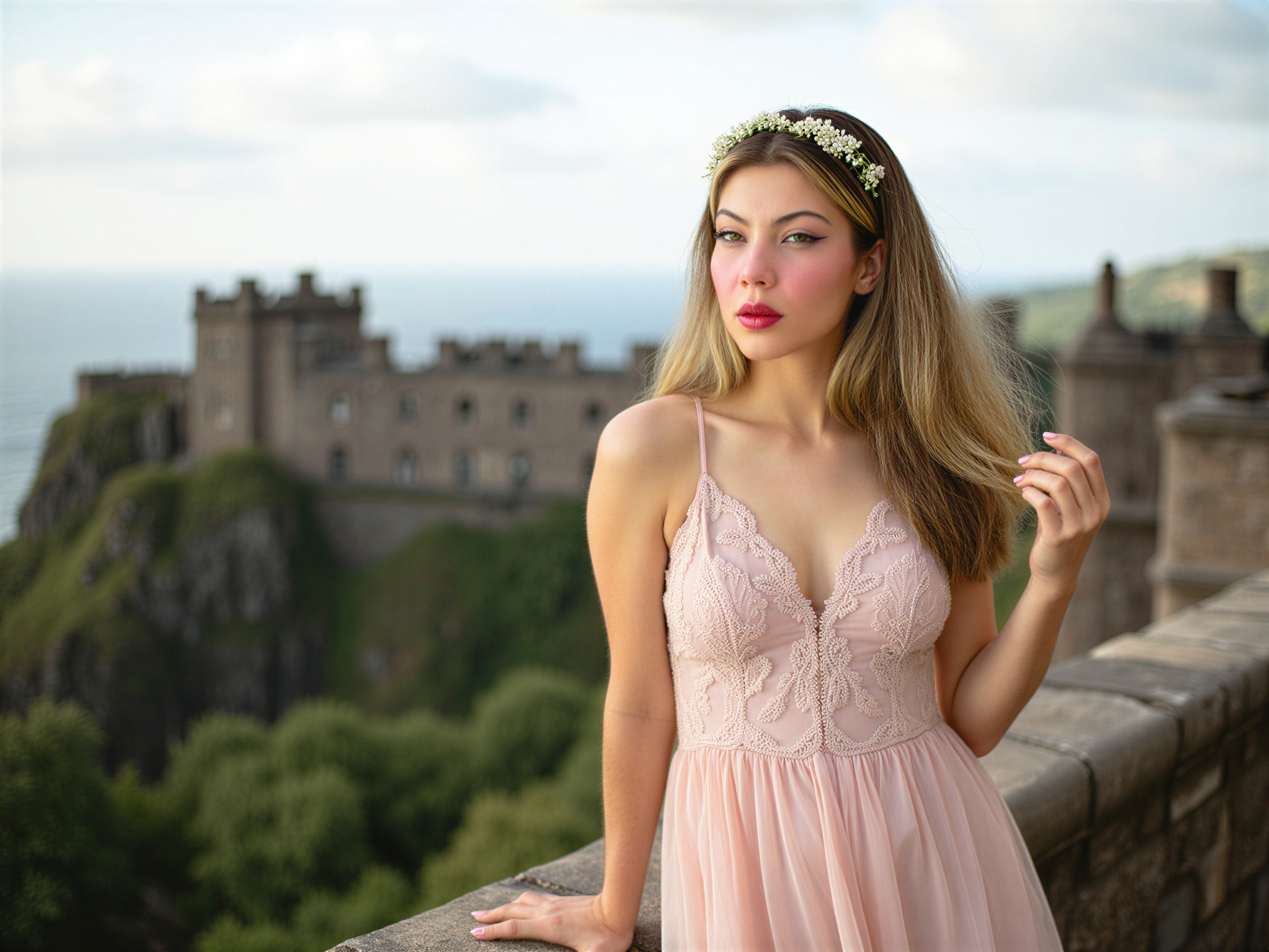 A joyful female figure, OD62S, aged 28, stands atop the majestic Edinburgh Castle, overlooking the breathtaking Scottish landscape. She wears a flowing, pastel-hued dress that sways gently in the cool breeze, embellished with intricate lace details that echo the historic architecture around her. Her hair cascades in soft curls, adorned with a delicate flower crown that adds a touch of whimsy. Sunlight bathes her in a warm glow, accentuating her delight as she gazes into the distance, embodying the spirit of adventure. The composition captures the grandeur of the castle and the lush greenery of the surroundings, creating a moment filled with happiness and wonder.