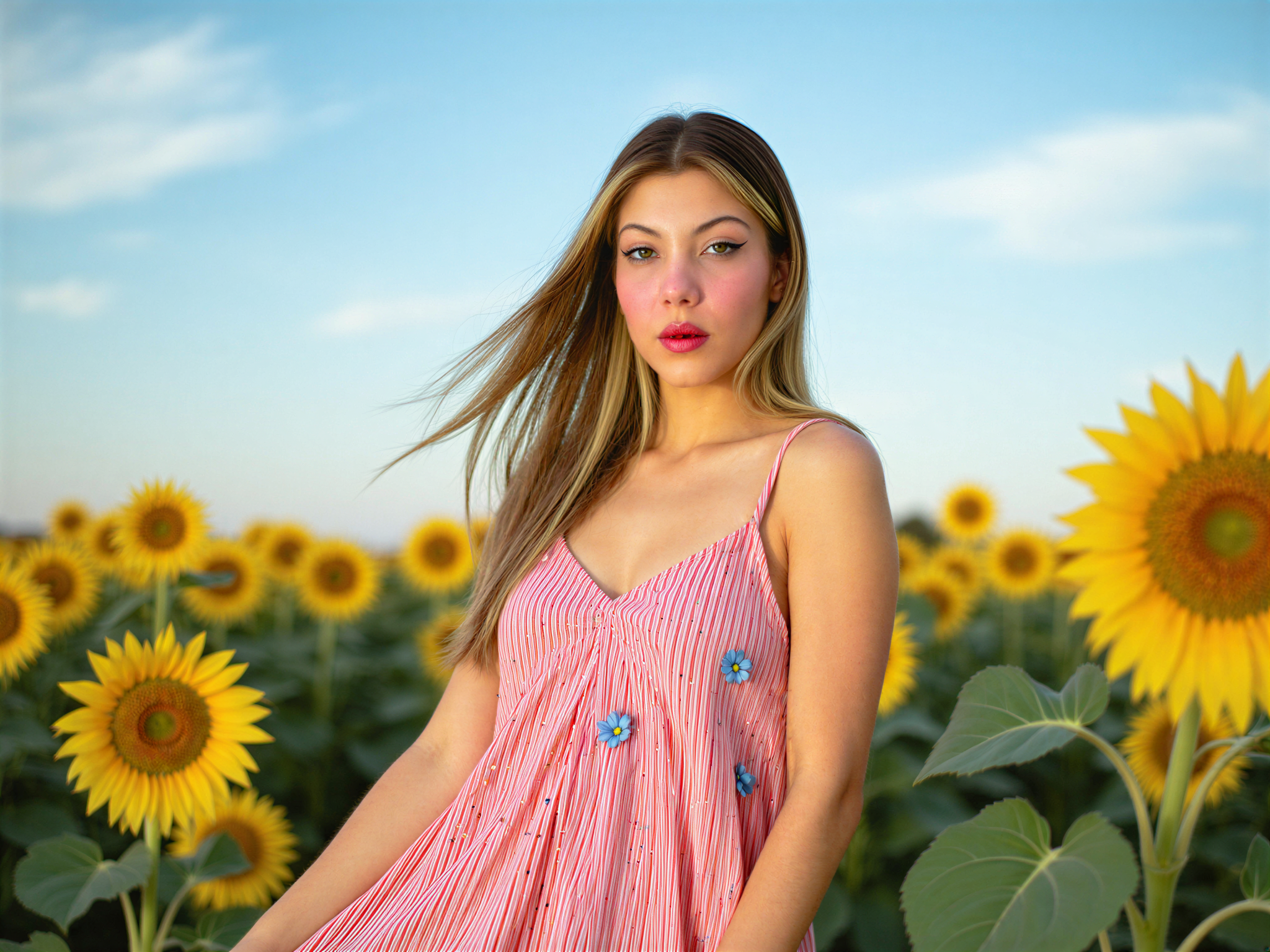 A joyful female figure, OD62S, aged 28, embodying a vibrant celebration of American culture. She wears a flowing red and white striped sundress adorned with delicate blue flower accents, exuding a carefree summer vibe. Her hair is loose and wavy, dancing in the gentle breeze as she stands amidst a picturesque outdoor setting featuring sunflowers in full bloom and a clear blue sky. She flashes a radiant smile, capturing a moment of pure happiness, with sunlight softly illuminating her features. The composition is lively and colorful, evoking a sense of freedom and joy that embodies the essence of a bright day in the USA.