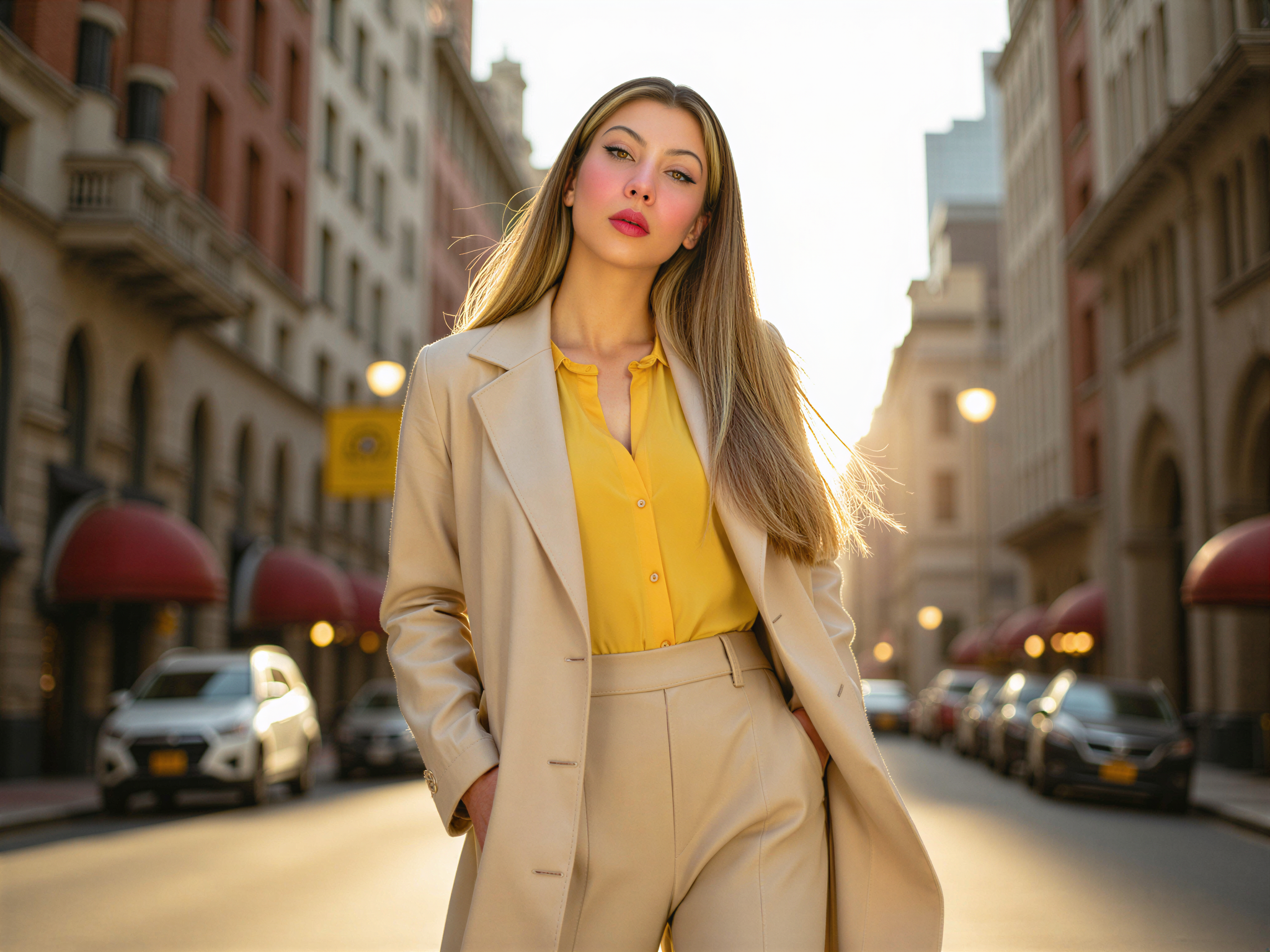 A radiant female individual, OD62S, aged 28, captured in an urban New York setting, exuding joy and confidence. She stands amidst the bustling streets, dressed in a chic, tailored cream trench coat over a vibrant yellow silk blouse and tailored high-waisted trousers. The sun sets behind her, casting a warm golden glow and creating beautiful bokeh effects with the city lights. Her long, flowing hair dances in the breeze, and a genuine smile brightens her face, radiating happiness. The background features iconic New York architecture, enhancing the vibrant, dynamic energy of the urban environment, all while maintaining a sophisticated editorial style.